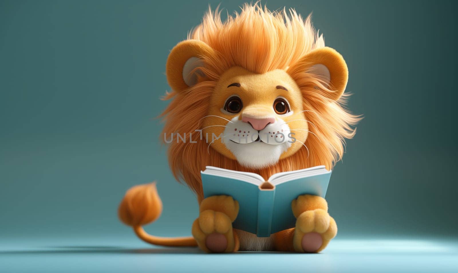 3D illustration of a lion reading a book. Selective soft focus.