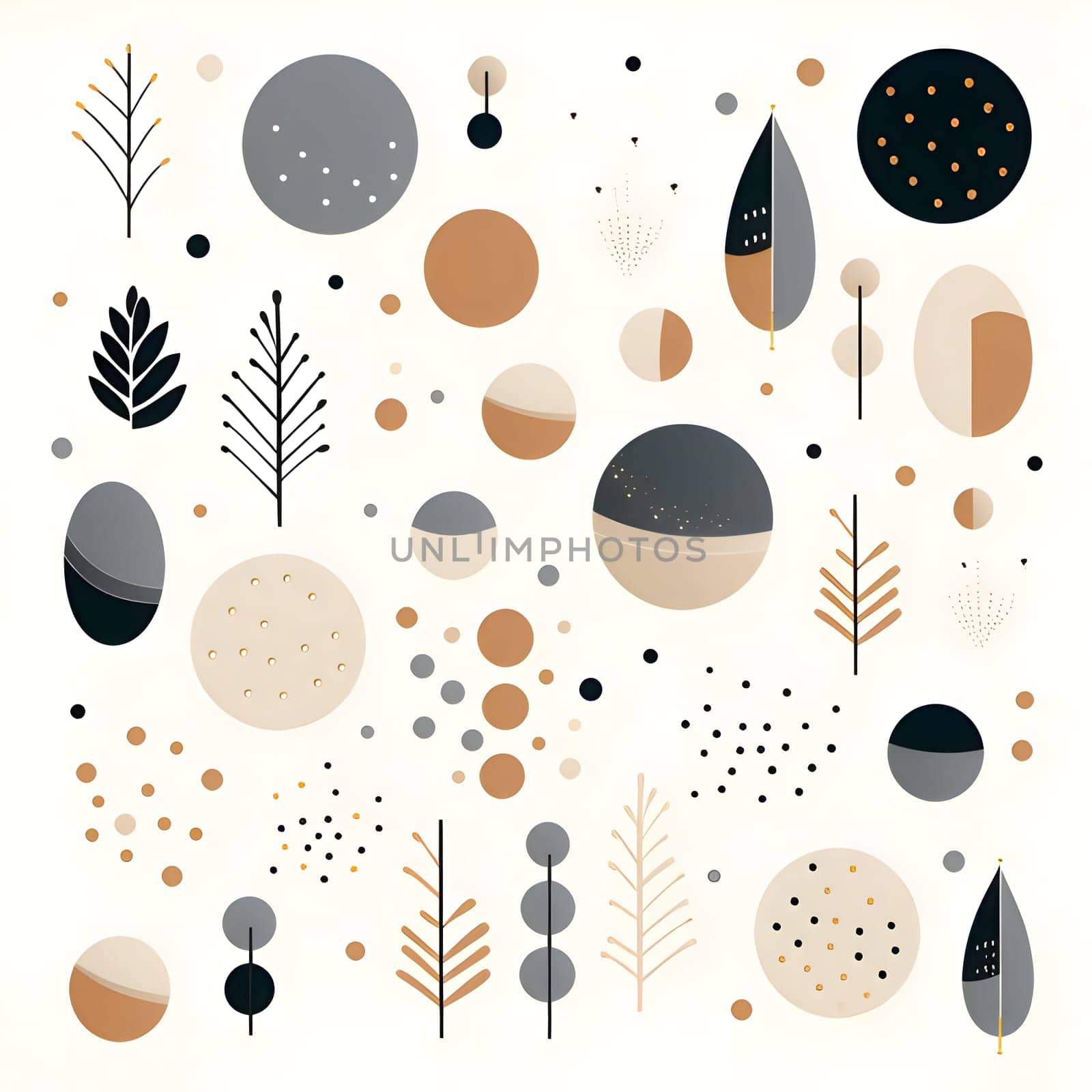 Patterns and banners backgrounds: Seamless pattern with geometric elements. Abstract background with circles, dots and leaves. Vector illustration.