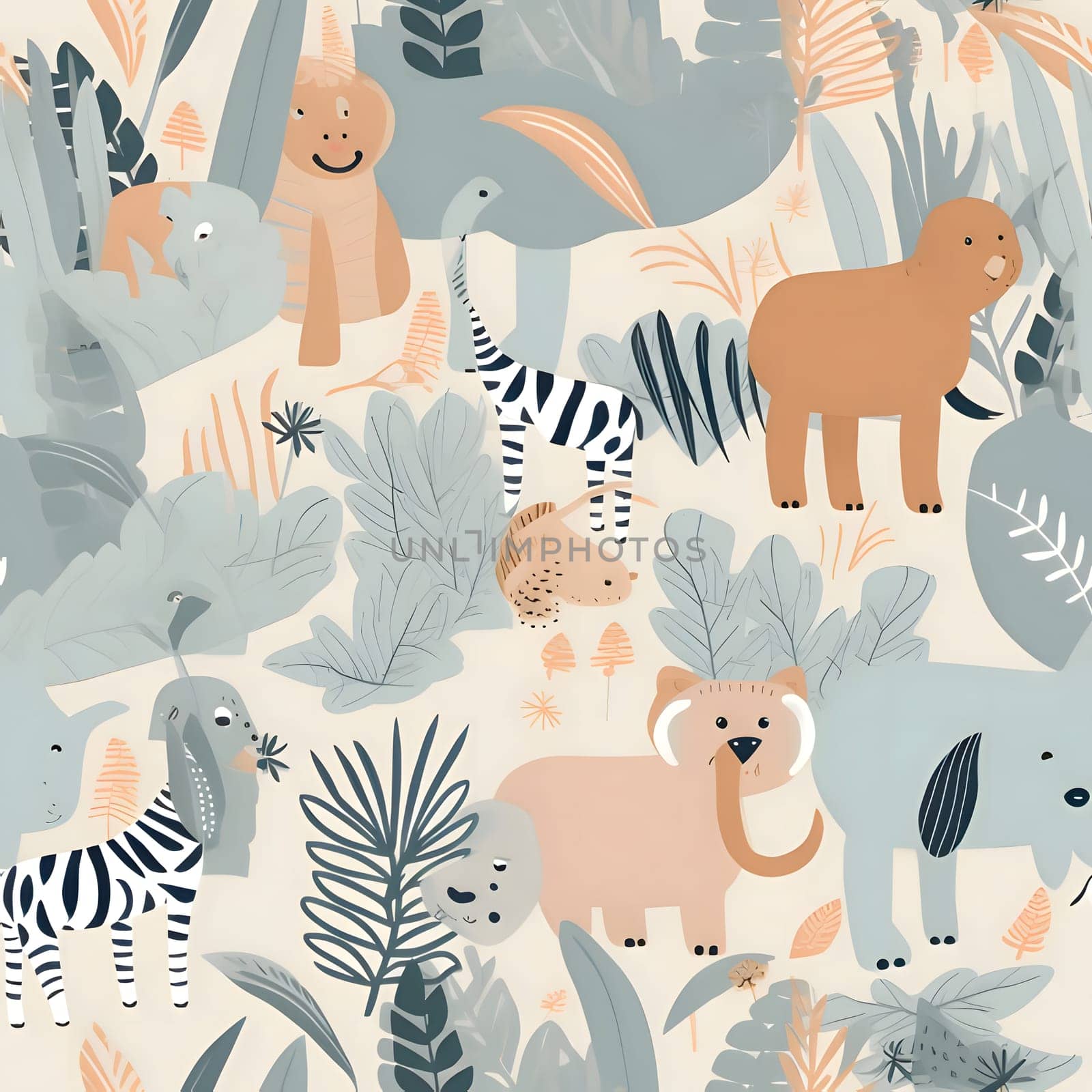 Patterns and banners backgrounds: Seamless pattern with cute animals and tropical leaves. Vector illustration.