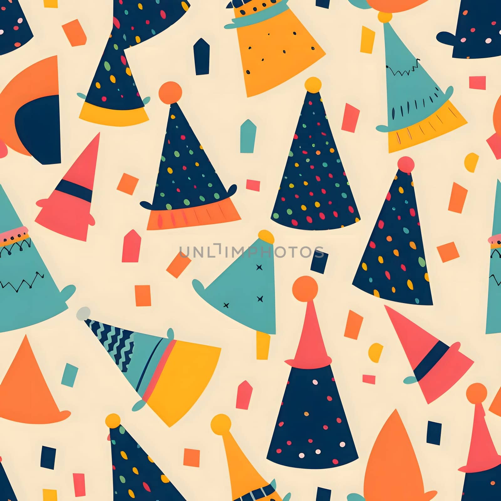Seamless pattern with party hats and confetti. Vector illustration. by ThemesS