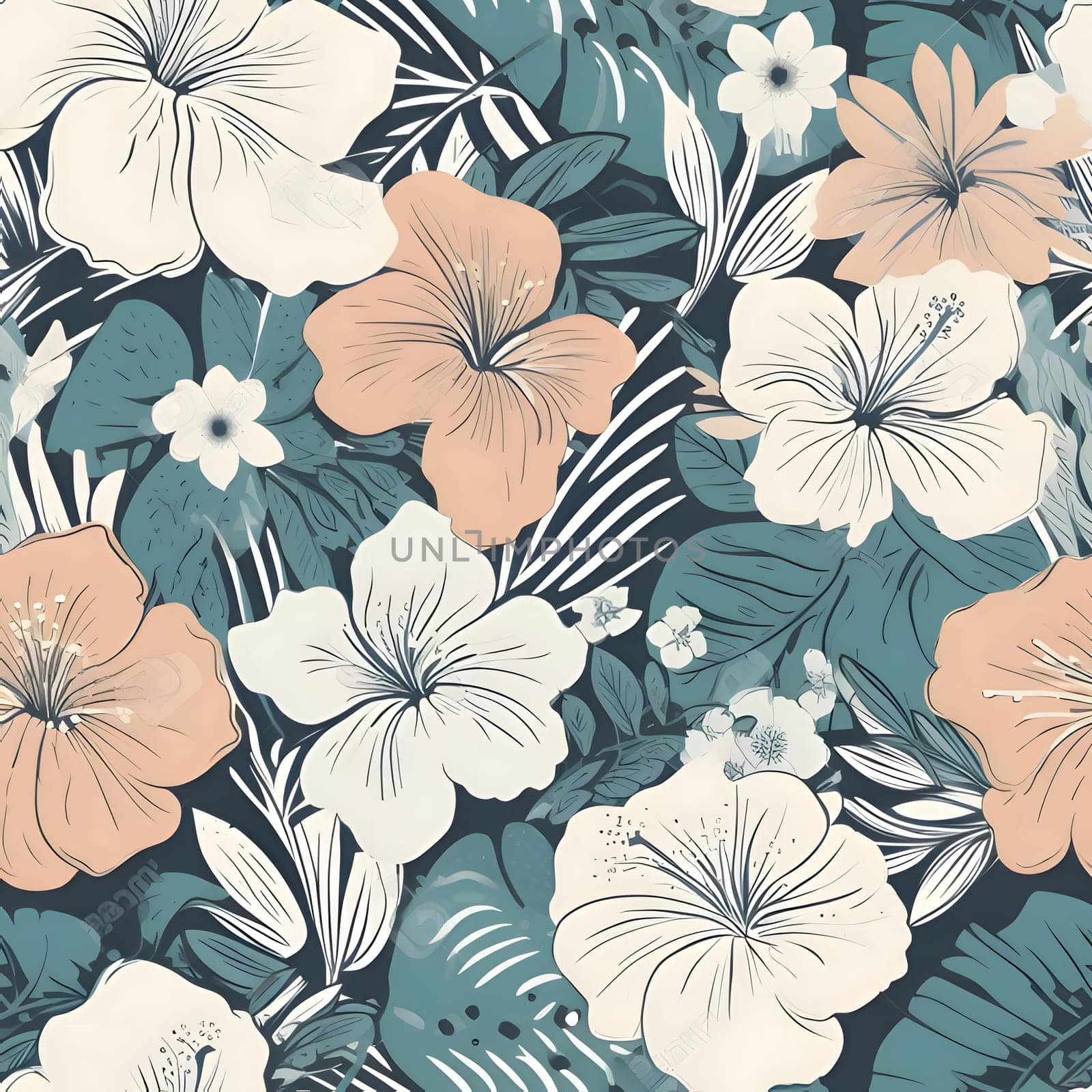 Seamless pattern with hibiscus flowers and palm leaves by ThemesS
