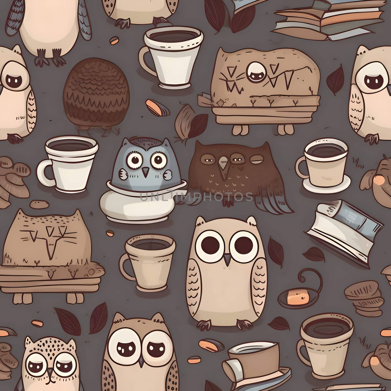 Patterns and banners backgrounds: Cute hand drawn seamless pattern with cartoon owls and coffee. Vector illustration.