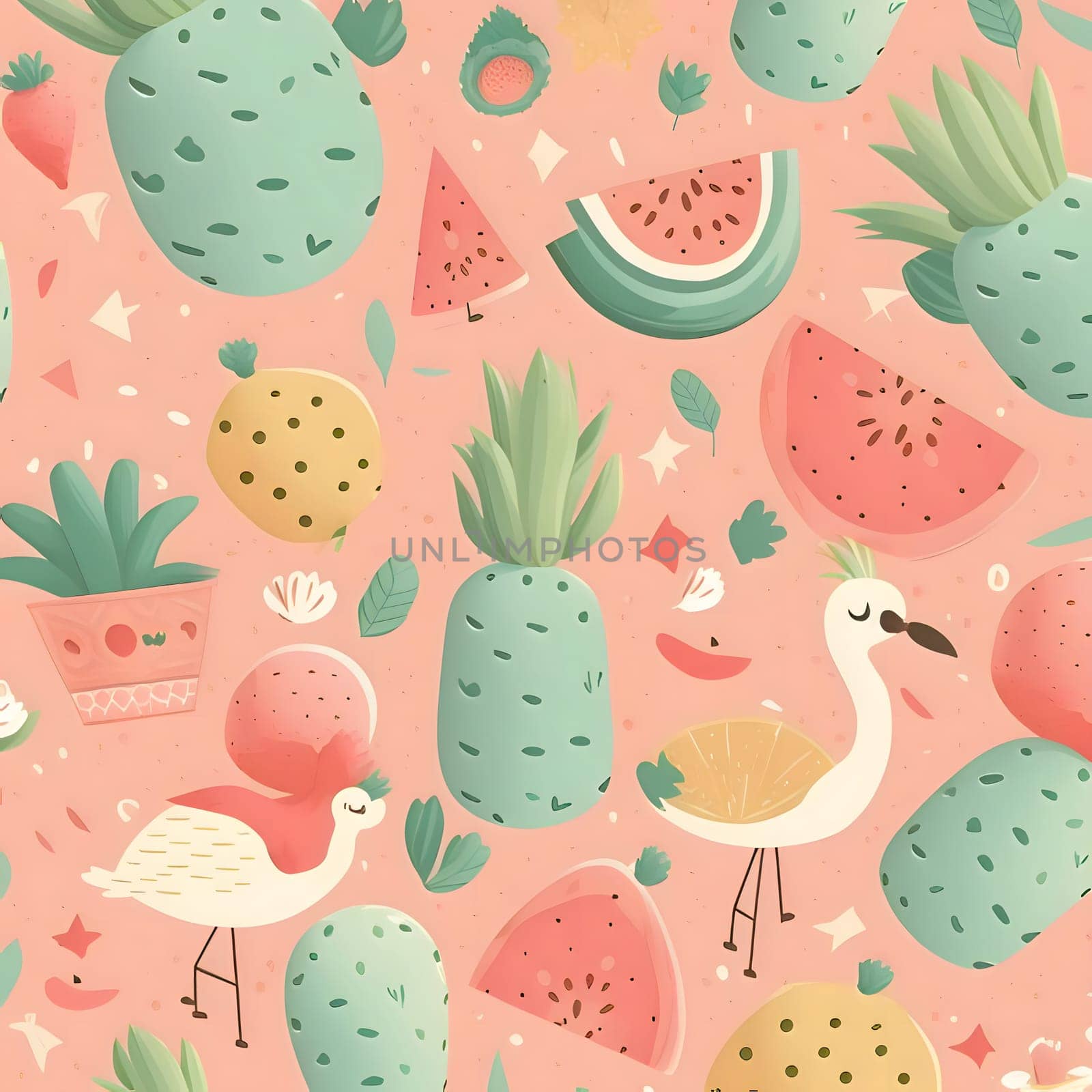 Patterns and banners backgrounds: Seamless pattern with watermelon, pineapple and flamingo.