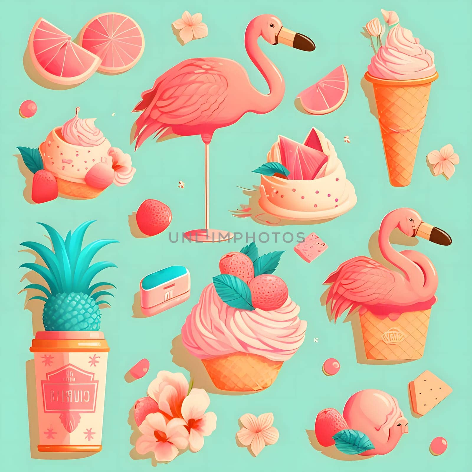 Patterns and banners backgrounds: Flamingo, ice cream, strawberry, pineapple, watermelon and other summer elements on mint background.