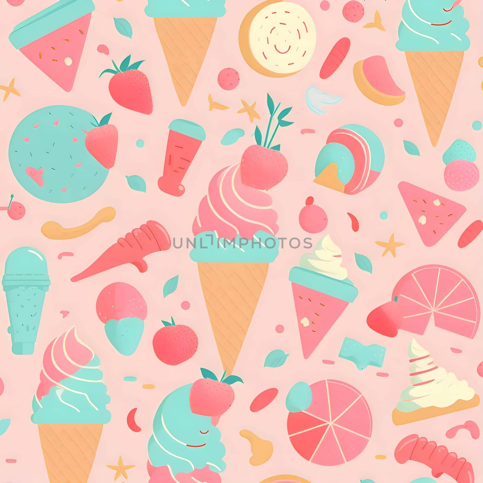 Patterns and banners backgrounds: Seamless pattern with ice cream and fruit. Vector illustration.