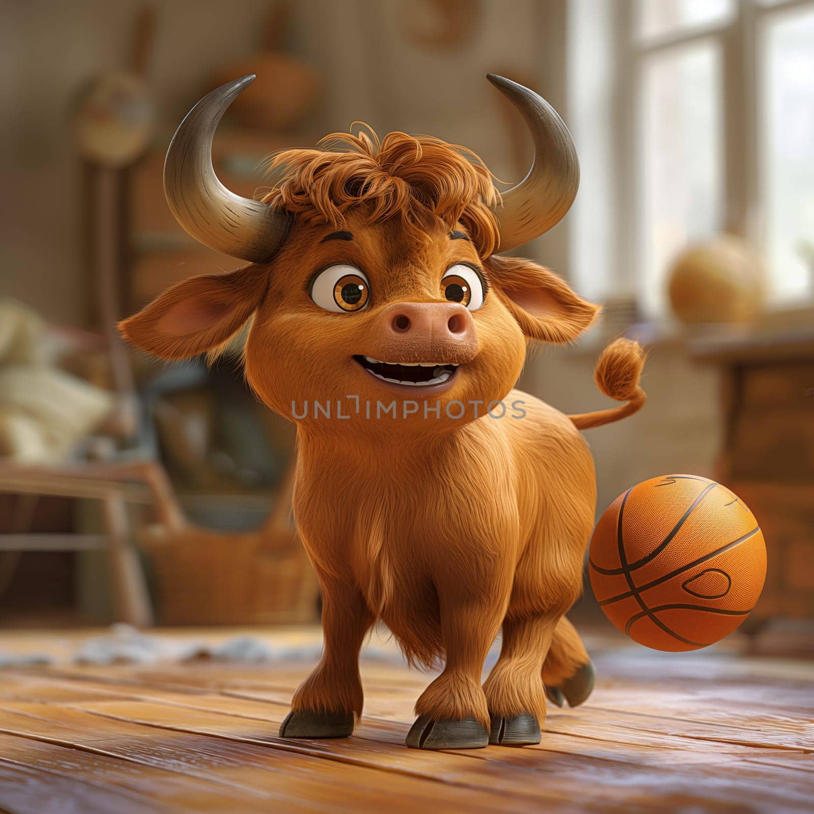 3D illustration of a bull playing basketball. Selective soft focus.
