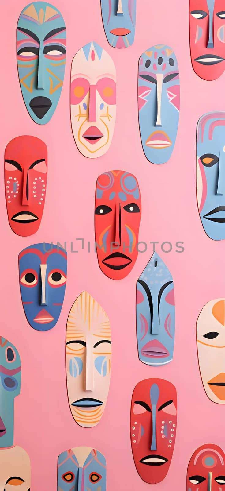 Seamless pattern with African masks on a pink background. Vector illustration. by ThemesS