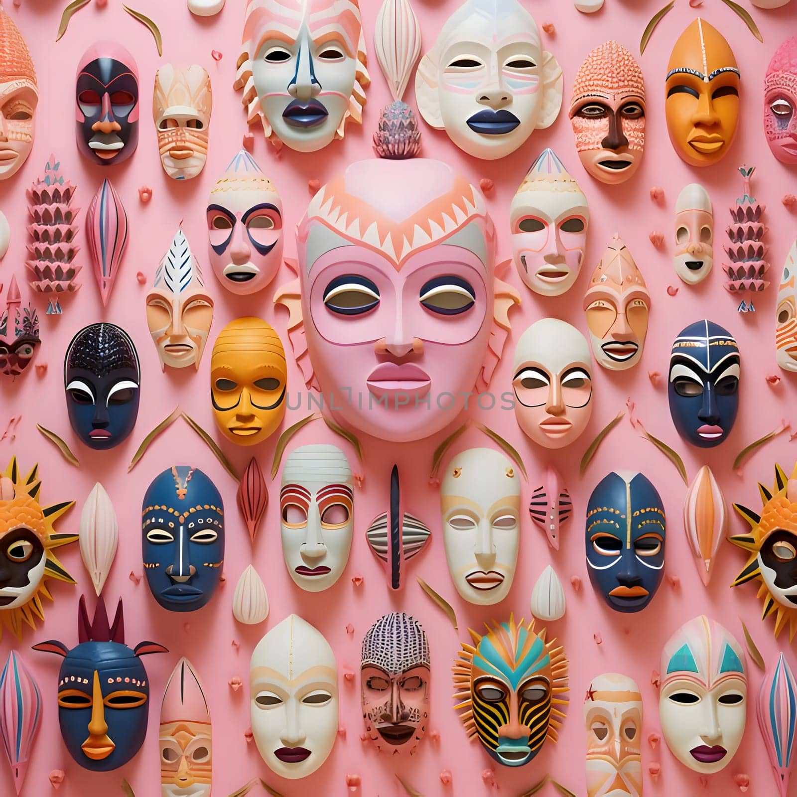 Patterns and banners backgrounds: Seamless pattern of masks on a pink background. 3d illustration