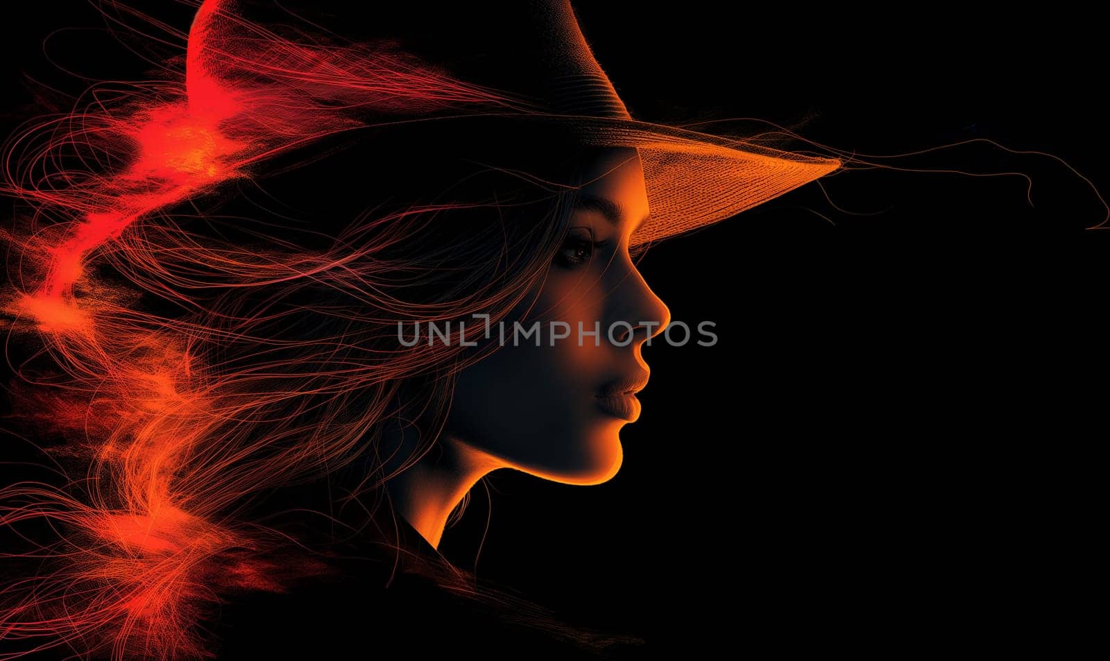 Female silhouette in a hat on a dark background. Selective focus.