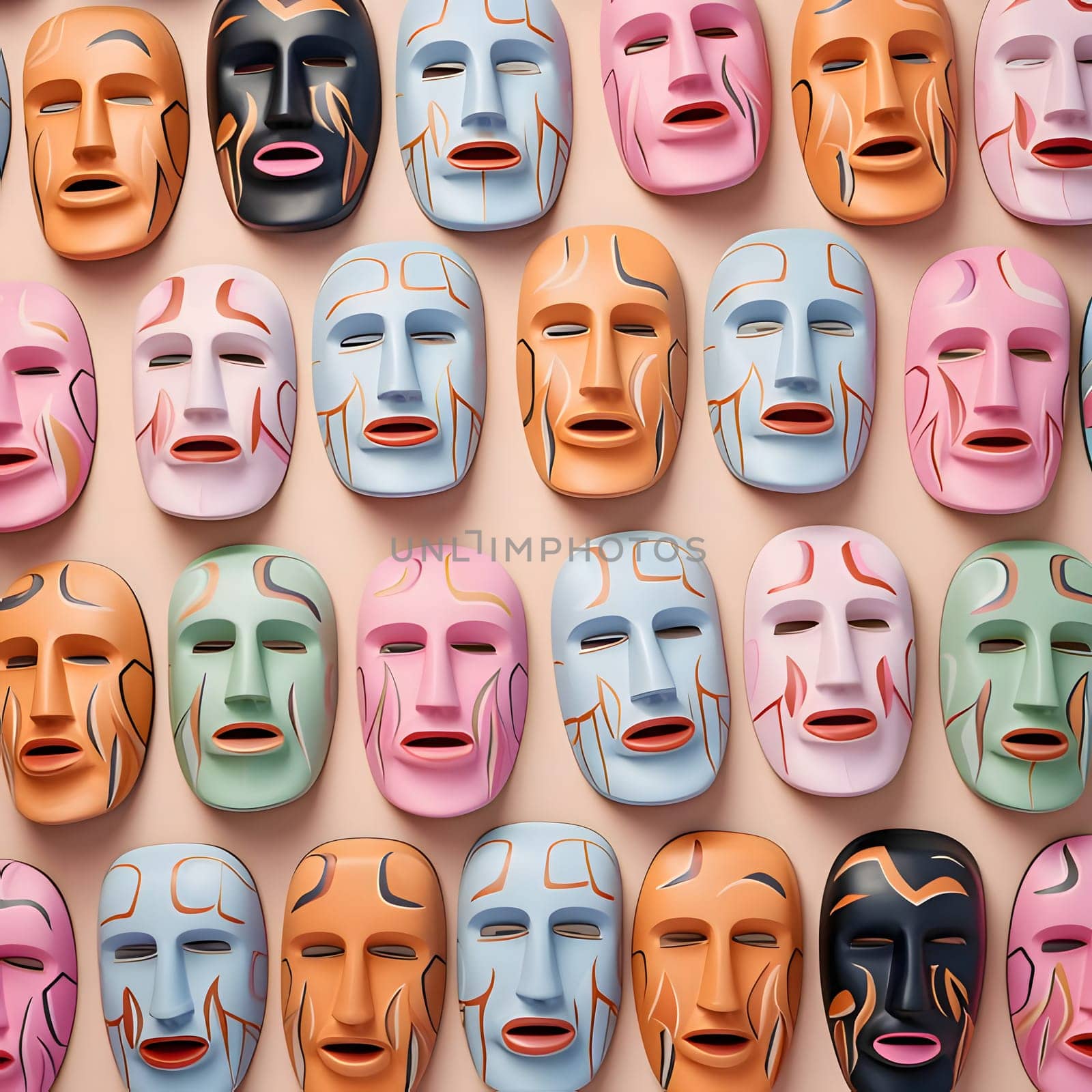 Seamless pattern of masks with different emotions. Vector illustration. by ThemesS