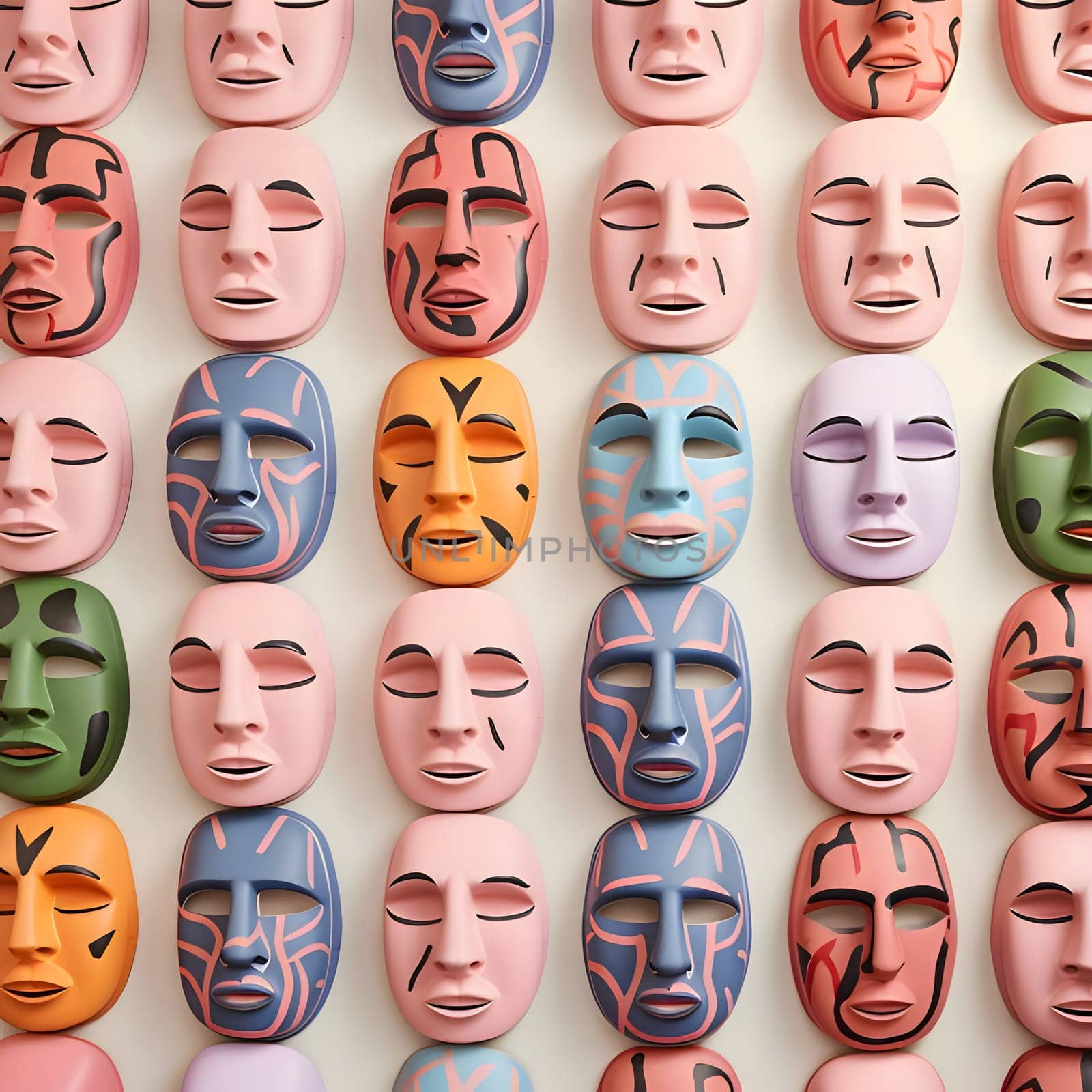 Masks with different facial expressions. 3d illustration. Seamless pattern. by ThemesS