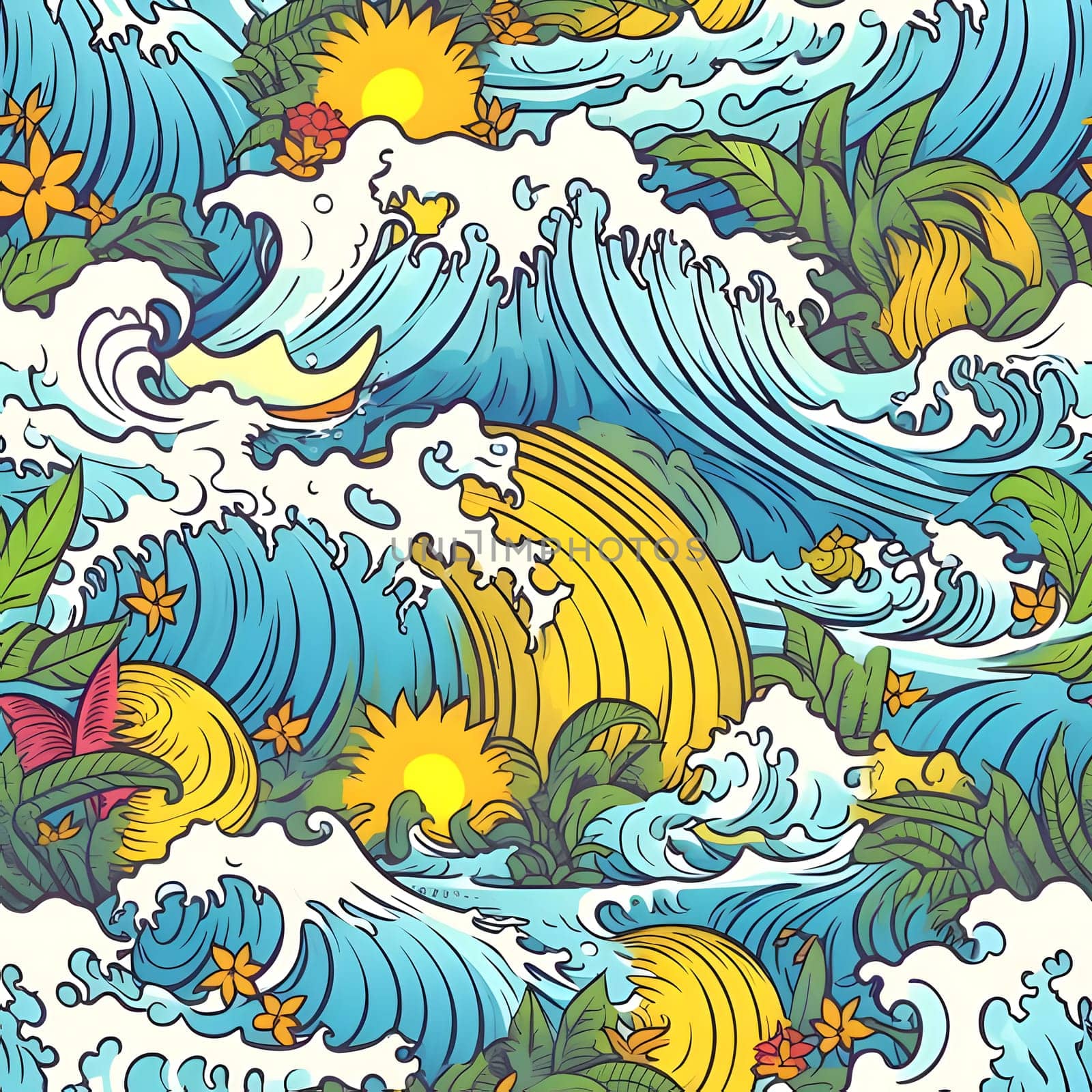 Patterns and banners backgrounds: Seamless pattern with sea waves and sun. Vector illustration.