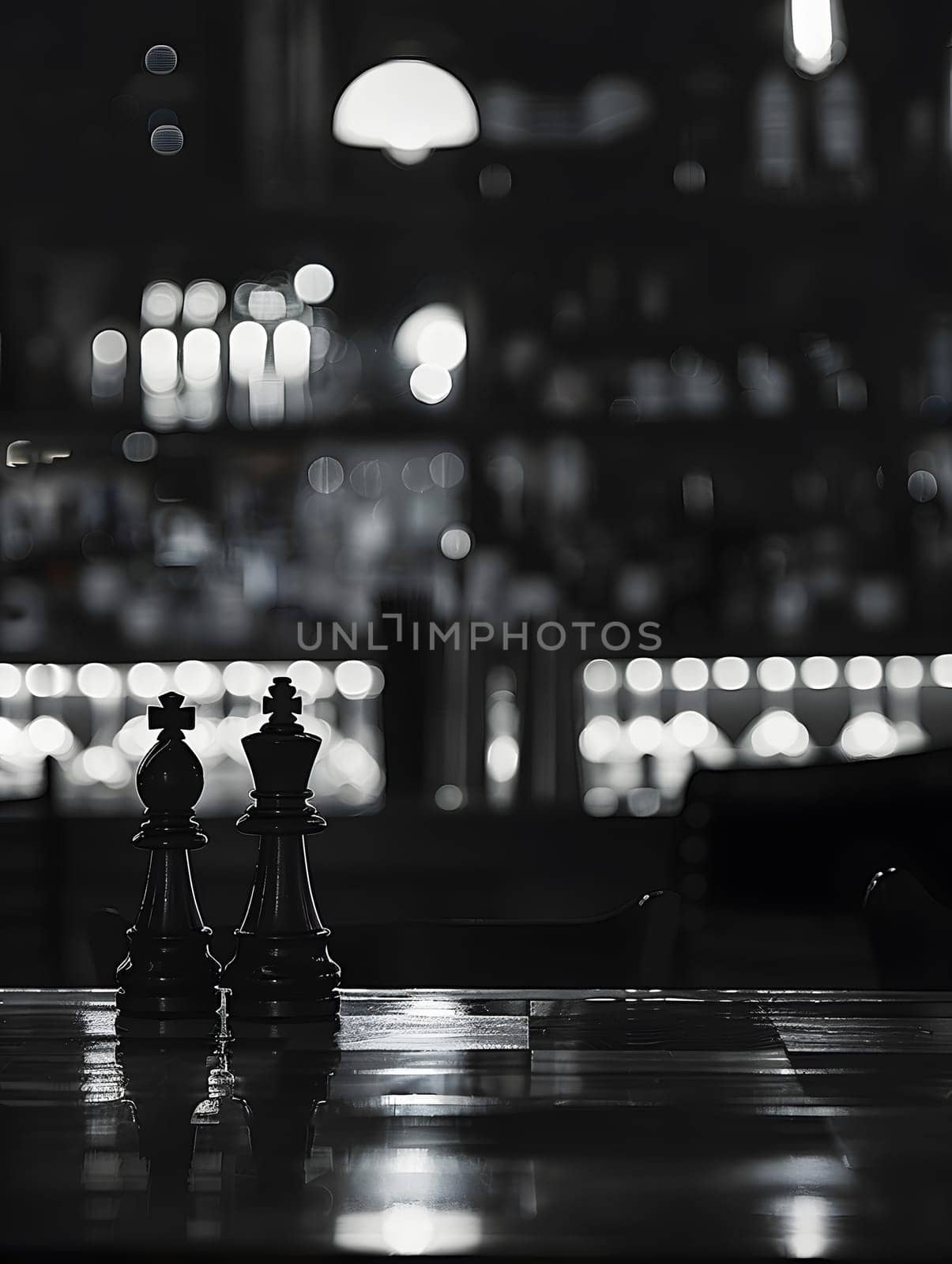 A black and white photo of two chess pieces on a chess board, captured with flash photography in a monochrome style, highlighting the contrast between light and darkness