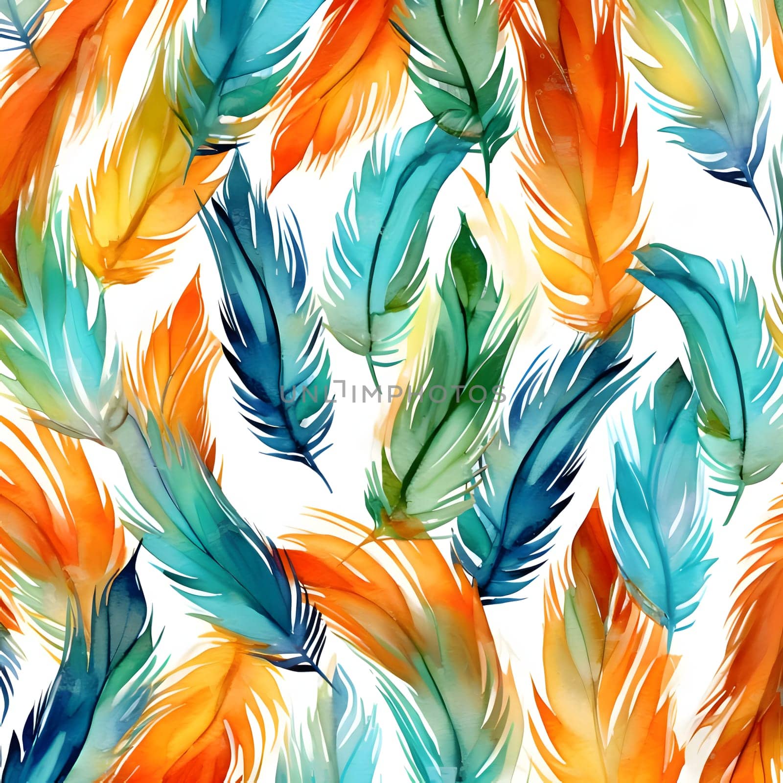 Patterns and banners backgrounds: Seamless pattern with colorful feathers. Hand drawn watercolor illustration