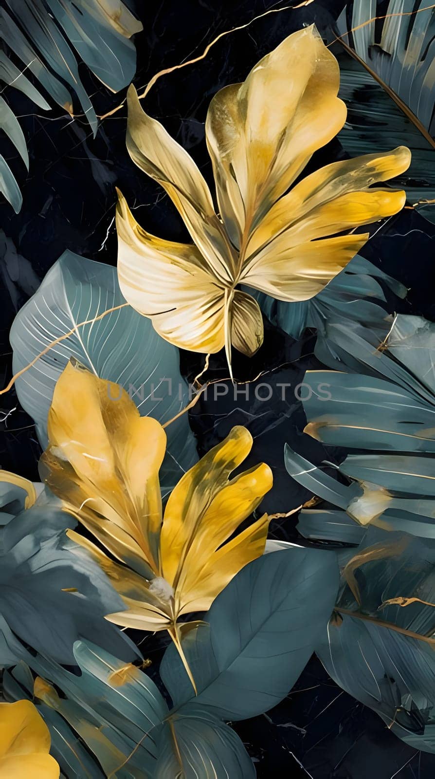 Tropical leaves, black marble background. Watercolor illustration. by ThemesS