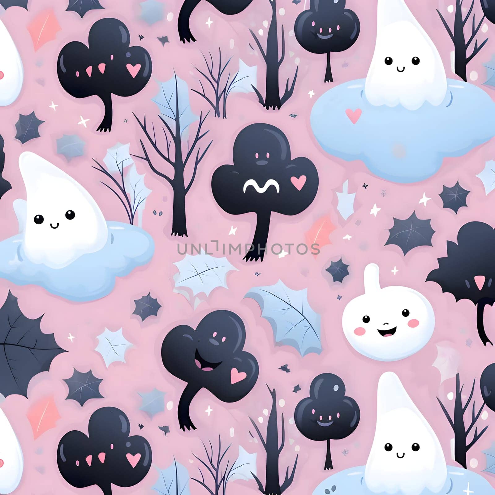 Patterns and banners backgrounds: Seamless pattern with cute ghosts in the forest. Vector illustration.