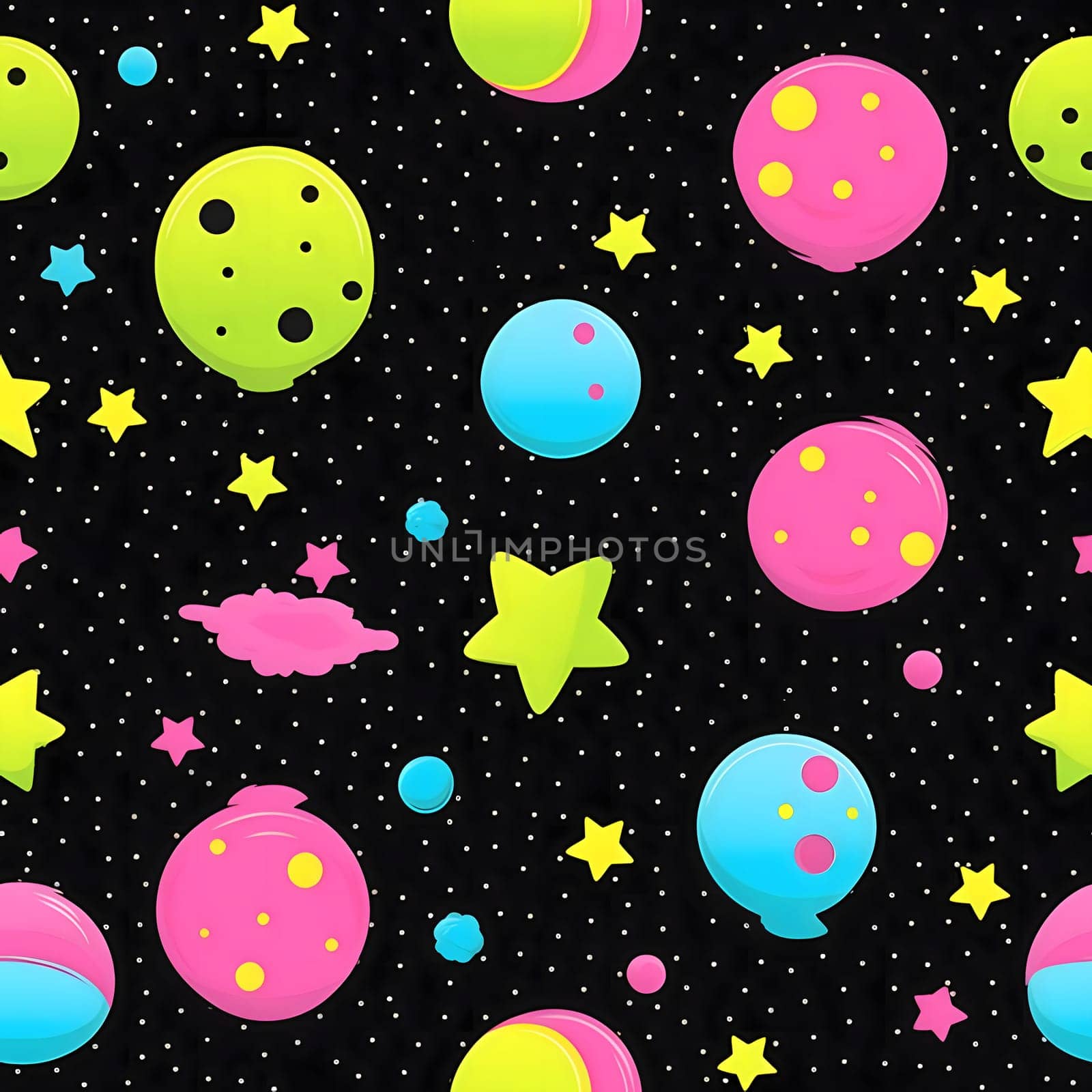 Seamless pattern with planets and stars on black background. Vector illustration. by ThemesS