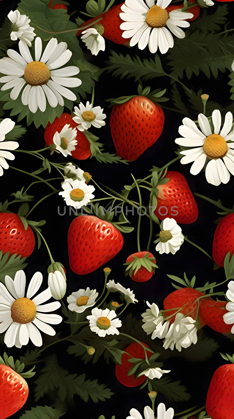 Seamless pattern with strawberries and daisies. Vector illustration. by ThemesS