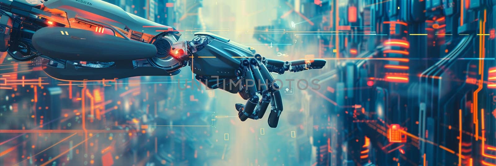 A robot soaring through a technologically advanced urban landscape filled with skyscrapers and neon lights.