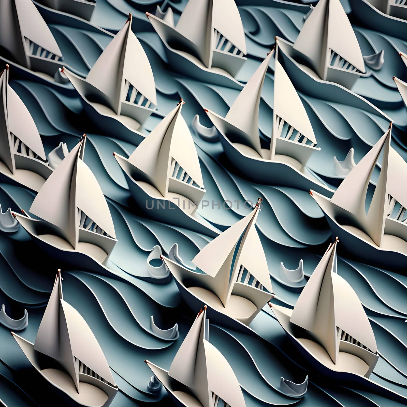 Seamless pattern of paper boats in the sea. 3d illustration by ThemesS