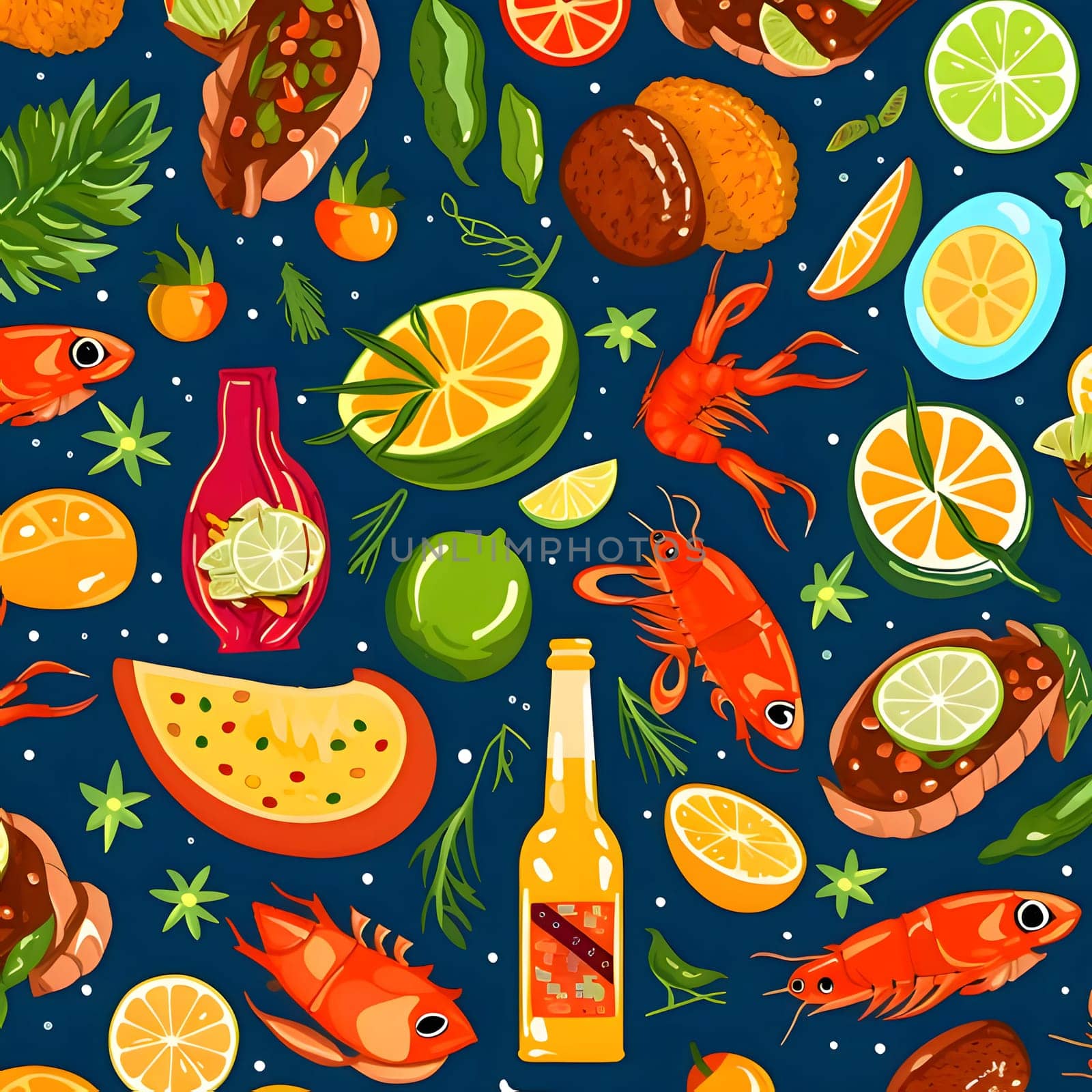 Seamless pattern with seafood, fish, fruits and vegetables. Vector illustration by ThemesS