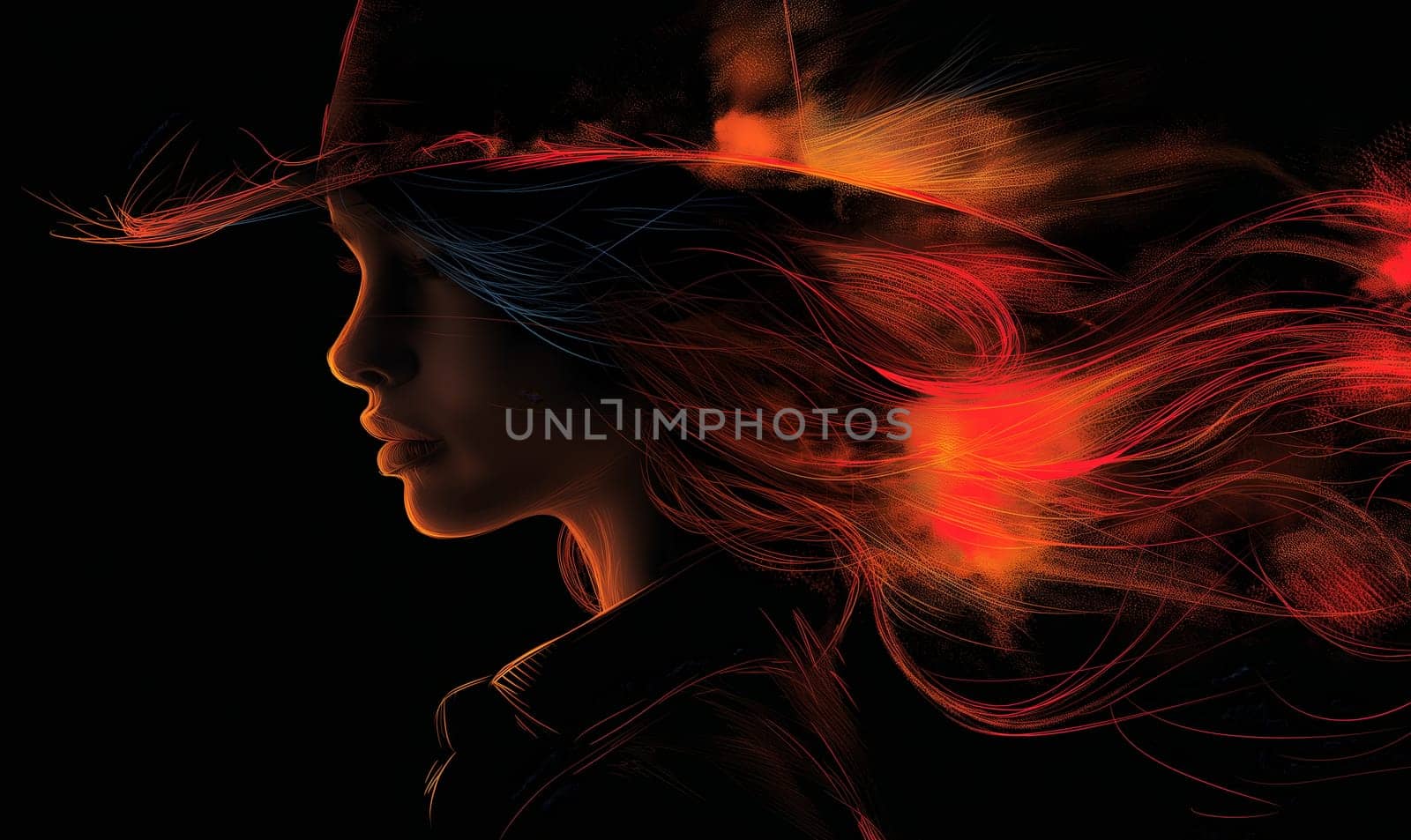 Female silhouette in a hat on a dark background. Selective focus.