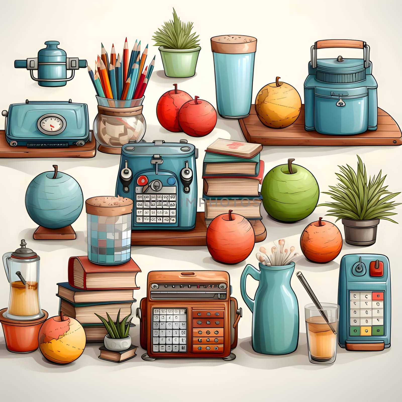 Patterns and banners backgrounds: Illustration of different office tools and objects on a white background.