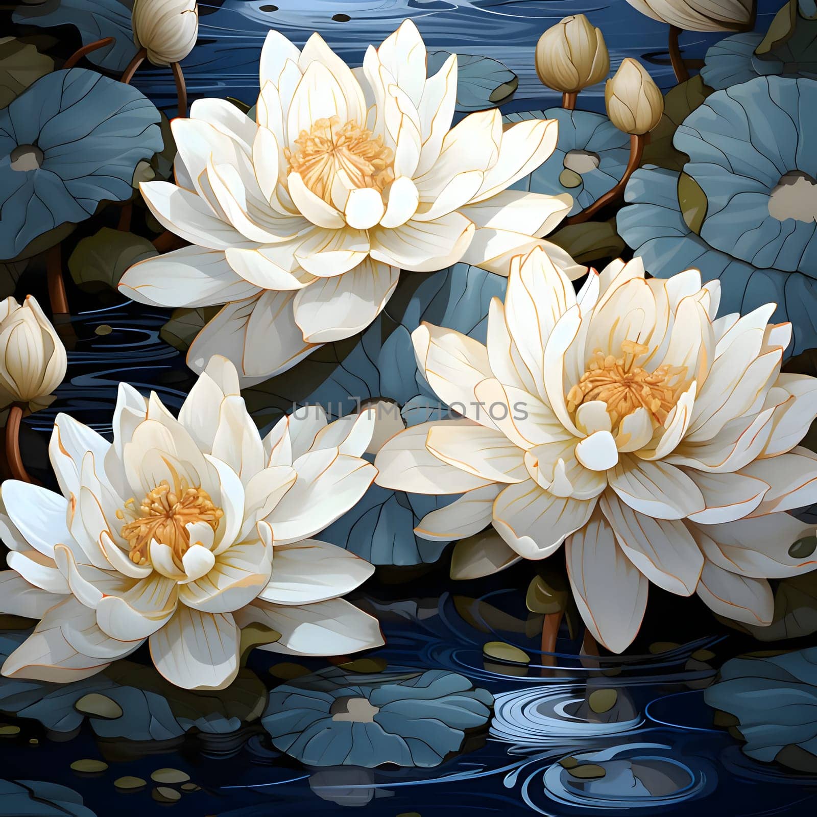 Seamless pattern with water lilies and leaves. Vector illustration. by ThemesS