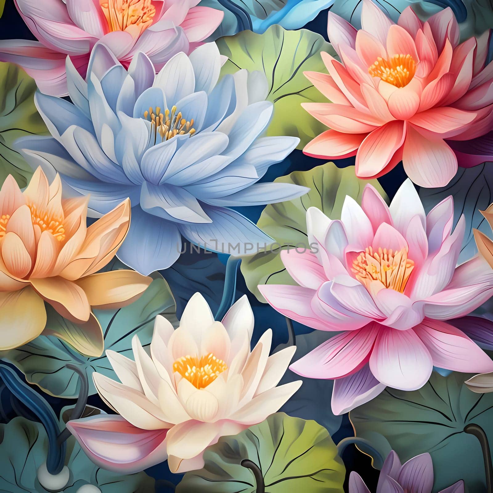 Seamless pattern with water lilies. Vector illustration. EPS 10 by ThemesS