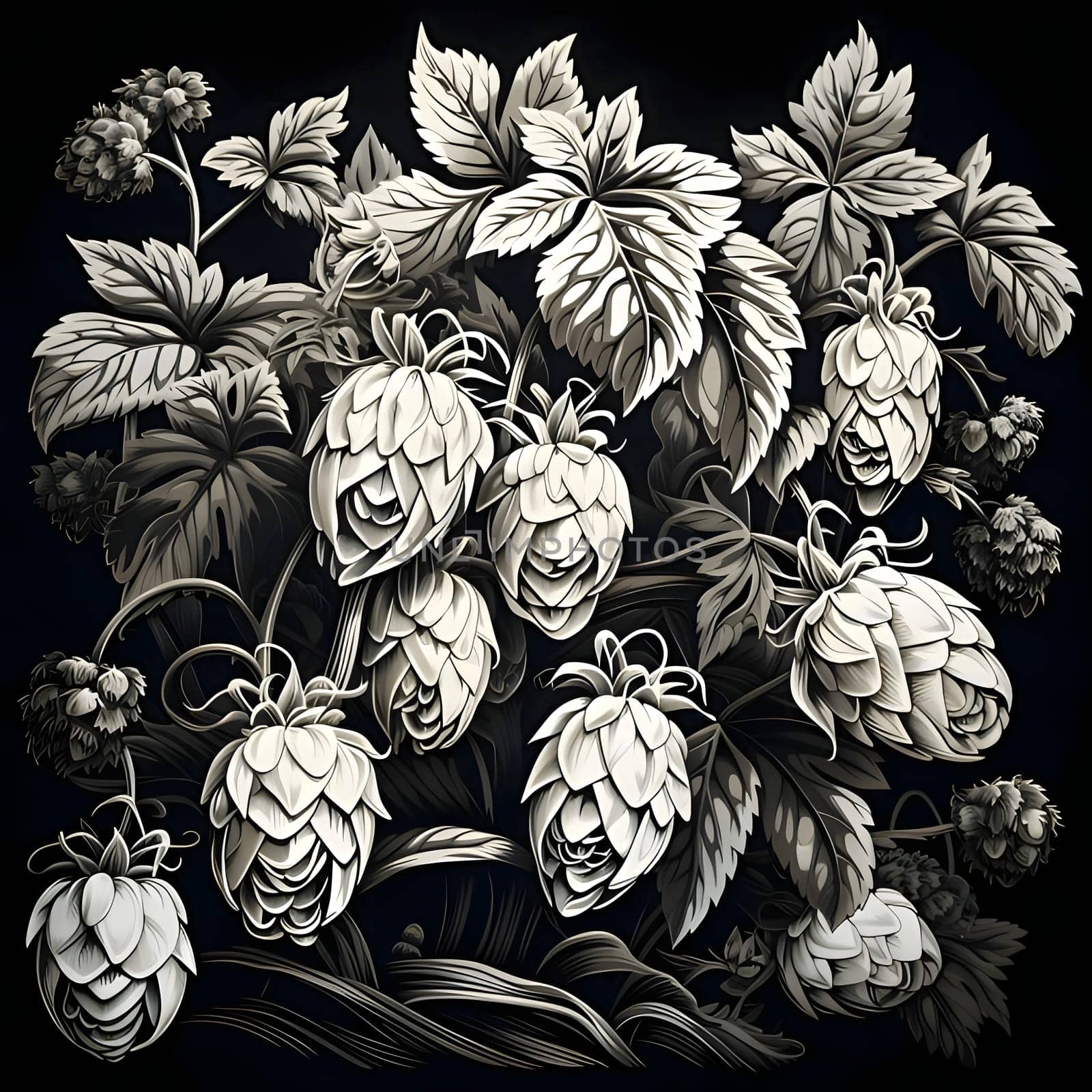 Illustration of hop cones on a dark background. Vector illustration. by ThemesS