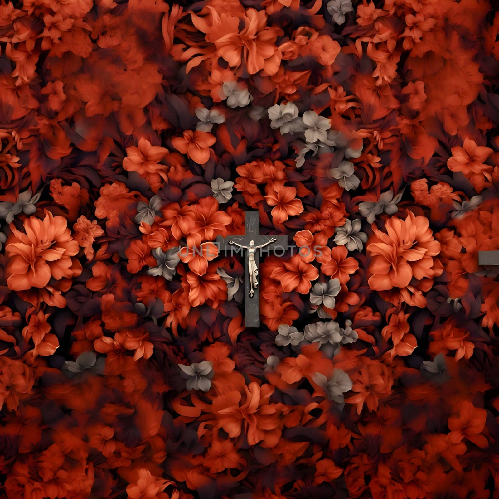 3d rendering of a red background with a cross surrounded by flowers by ThemesS