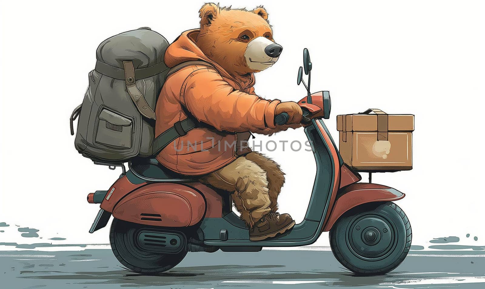 Children's illustration, a bear on a motorcycle with a backpack. by Fischeron