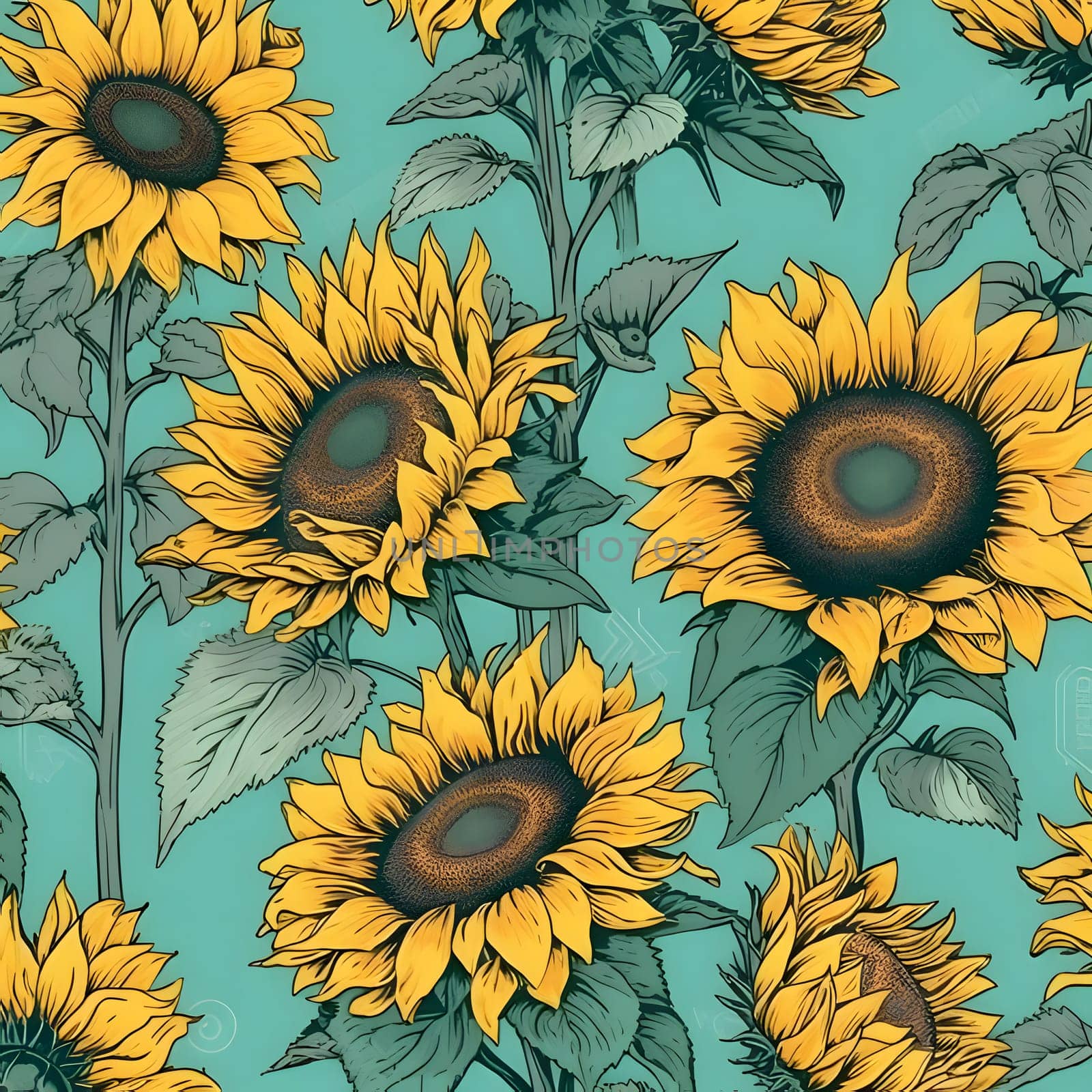 Seamless pattern with sunflowers on a blue background. by ThemesS
