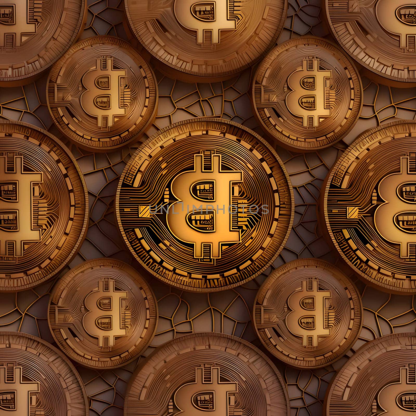Bitcoin. Cryptocurrency. Golden coins with bitcoin symbol on cracked background. 3D rendering by ThemesS