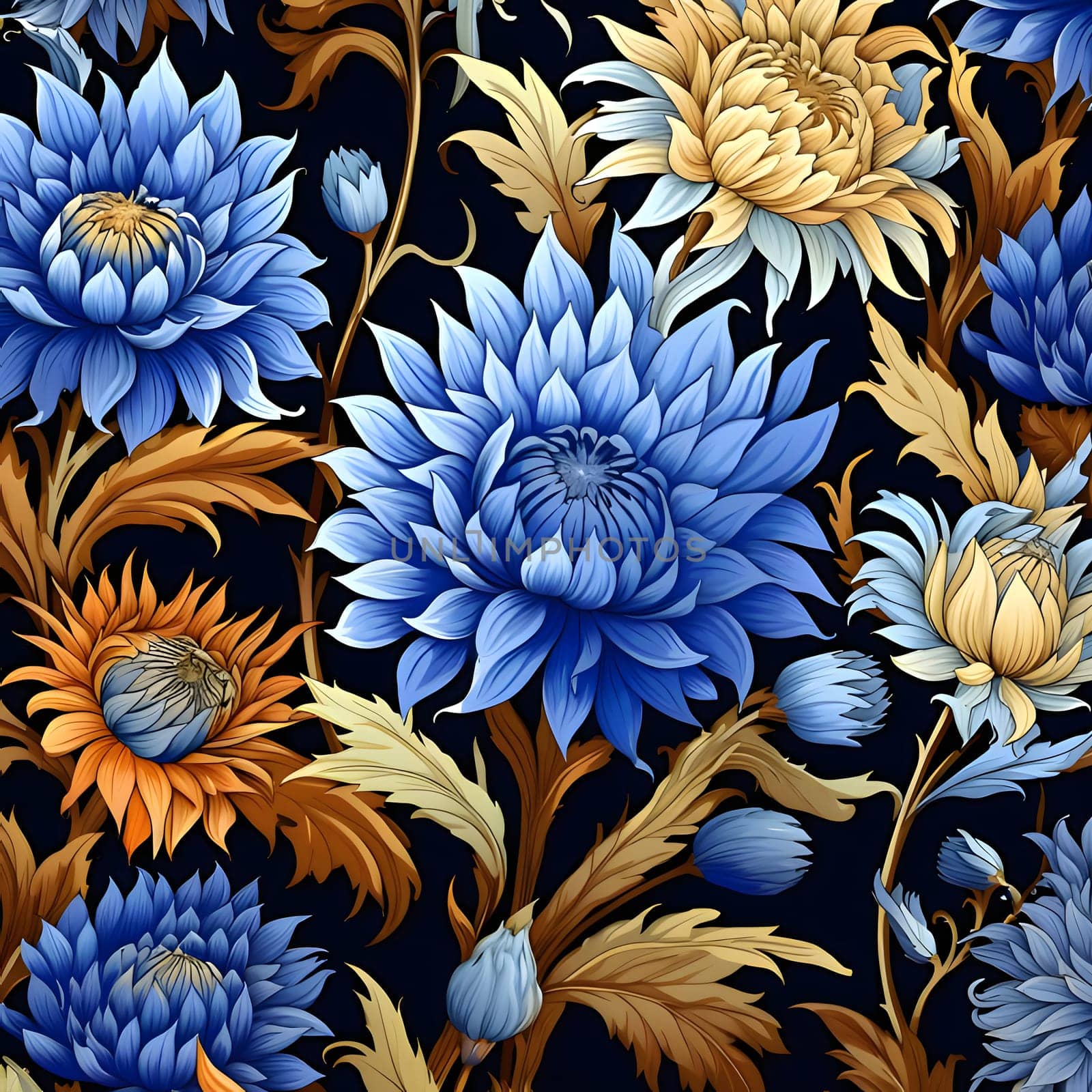Patterns and banners backgrounds: Seamless pattern with blue dahlias on a dark blue background.