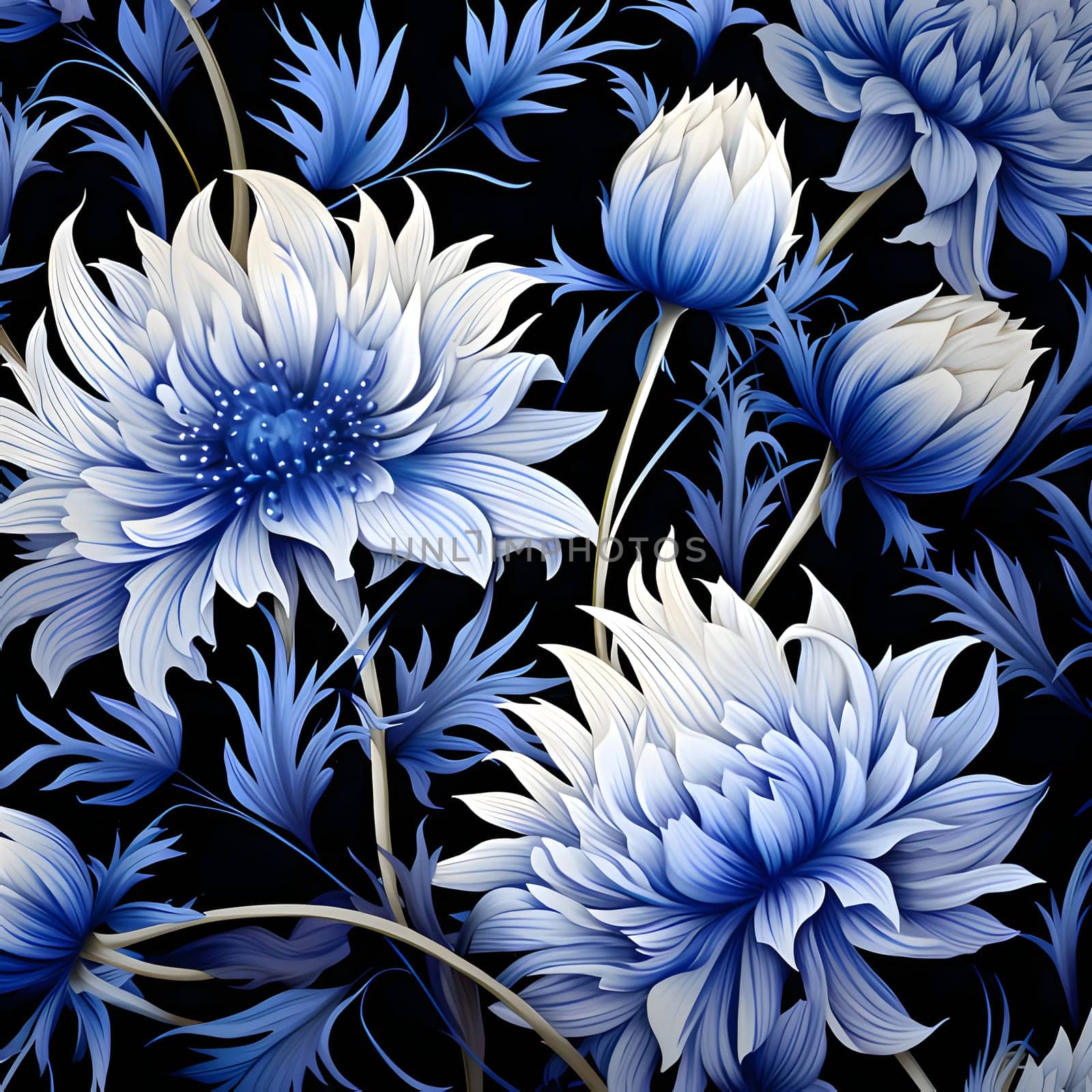 Seamless pattern with blue and white flowers on a black background by ThemesS