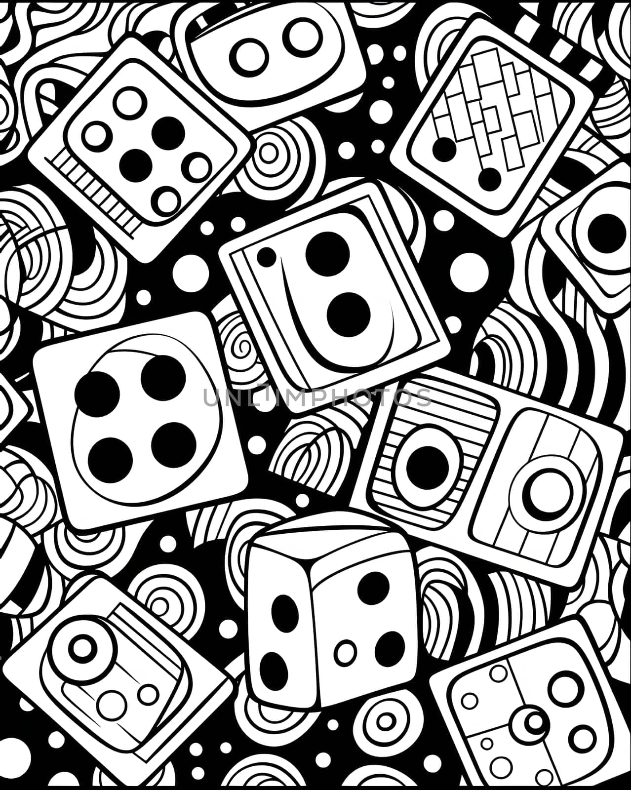 Black and white seamless pattern with dice. Vector background for coloring book. by ThemesS