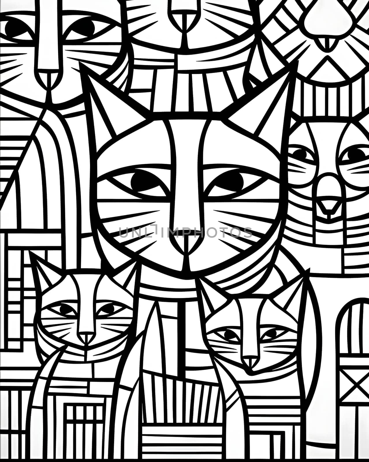 Black and white vector illustration of a stained glass window with cats. by ThemesS