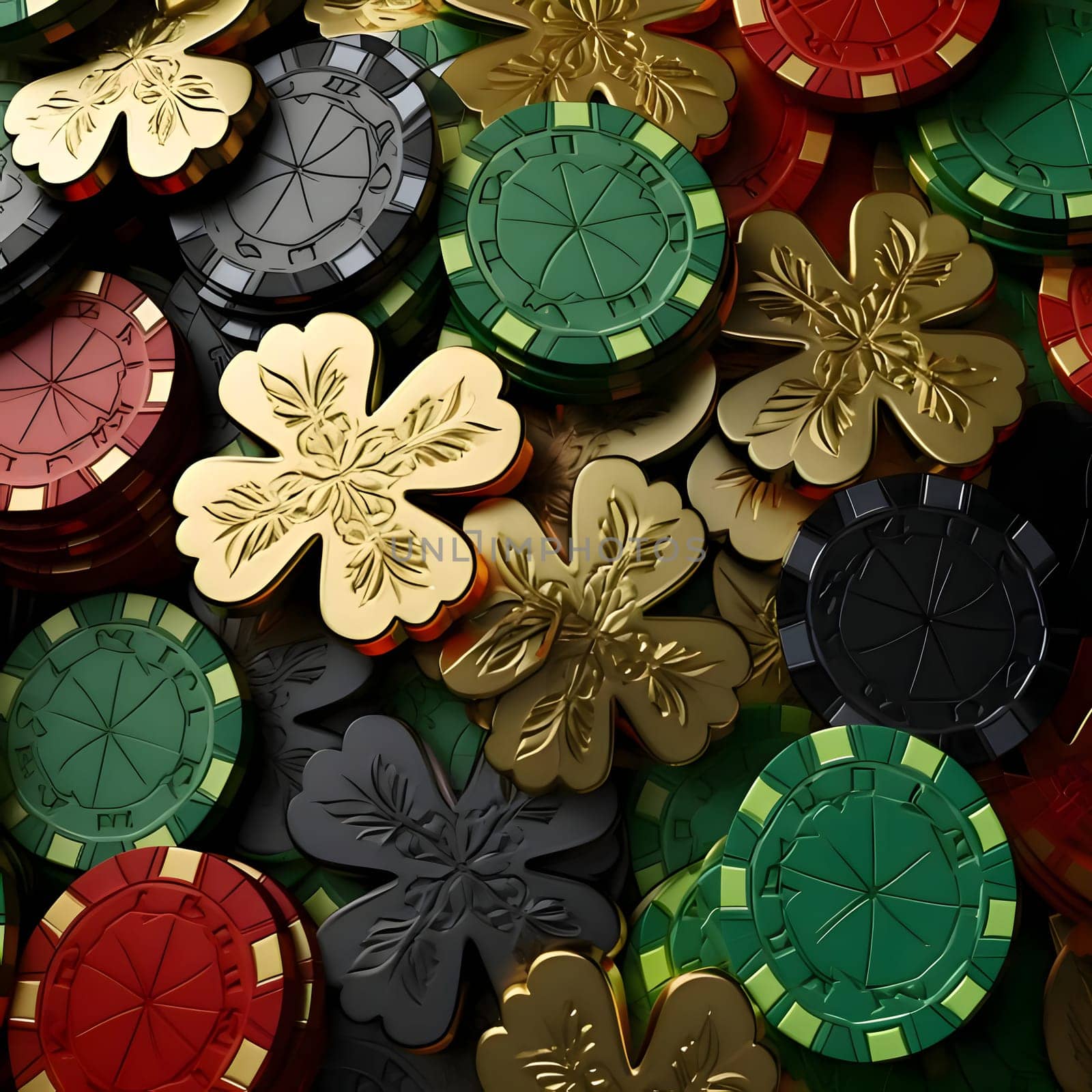 Colorful casino chips and clover on black background. 3d illustration by ThemesS