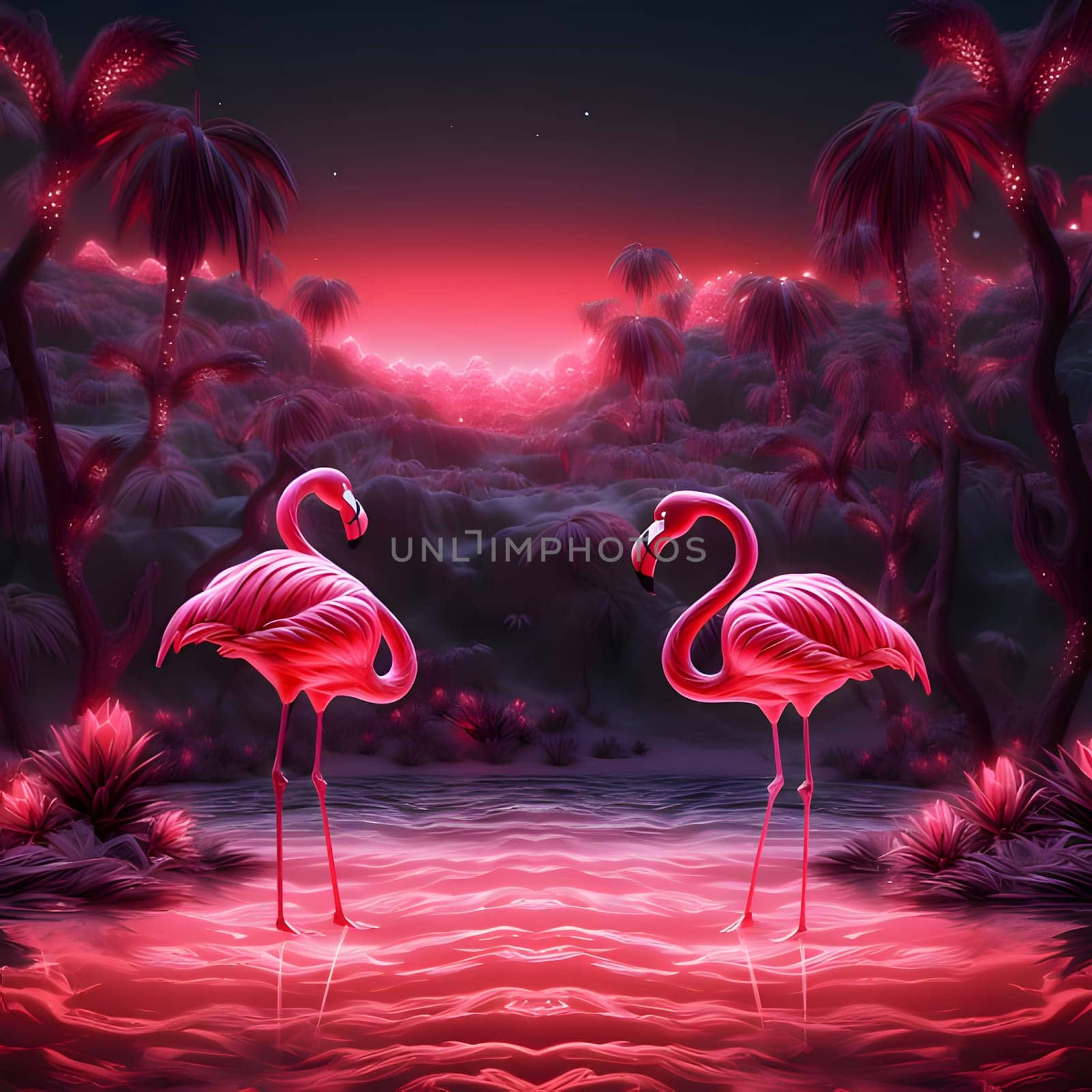 Patterns and banners backgrounds: Flamingo in the swamp at night. Elements of this image furnished by NASA