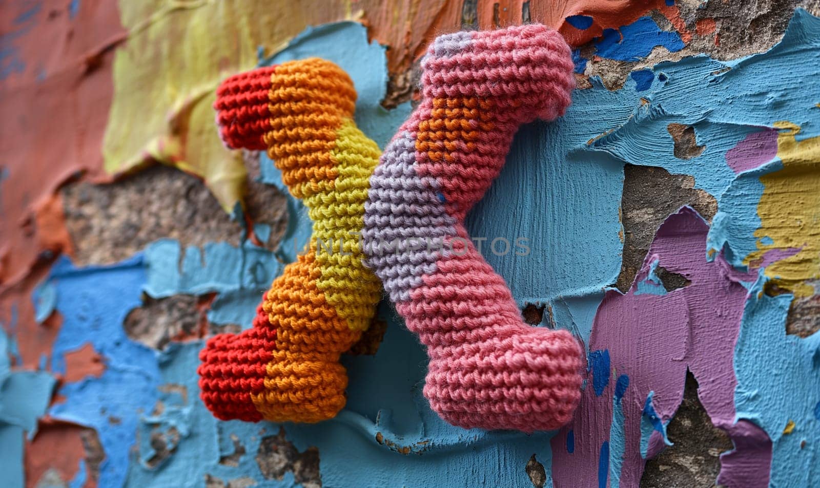 Knitted colored letter X on an abstract background. Selective focus.