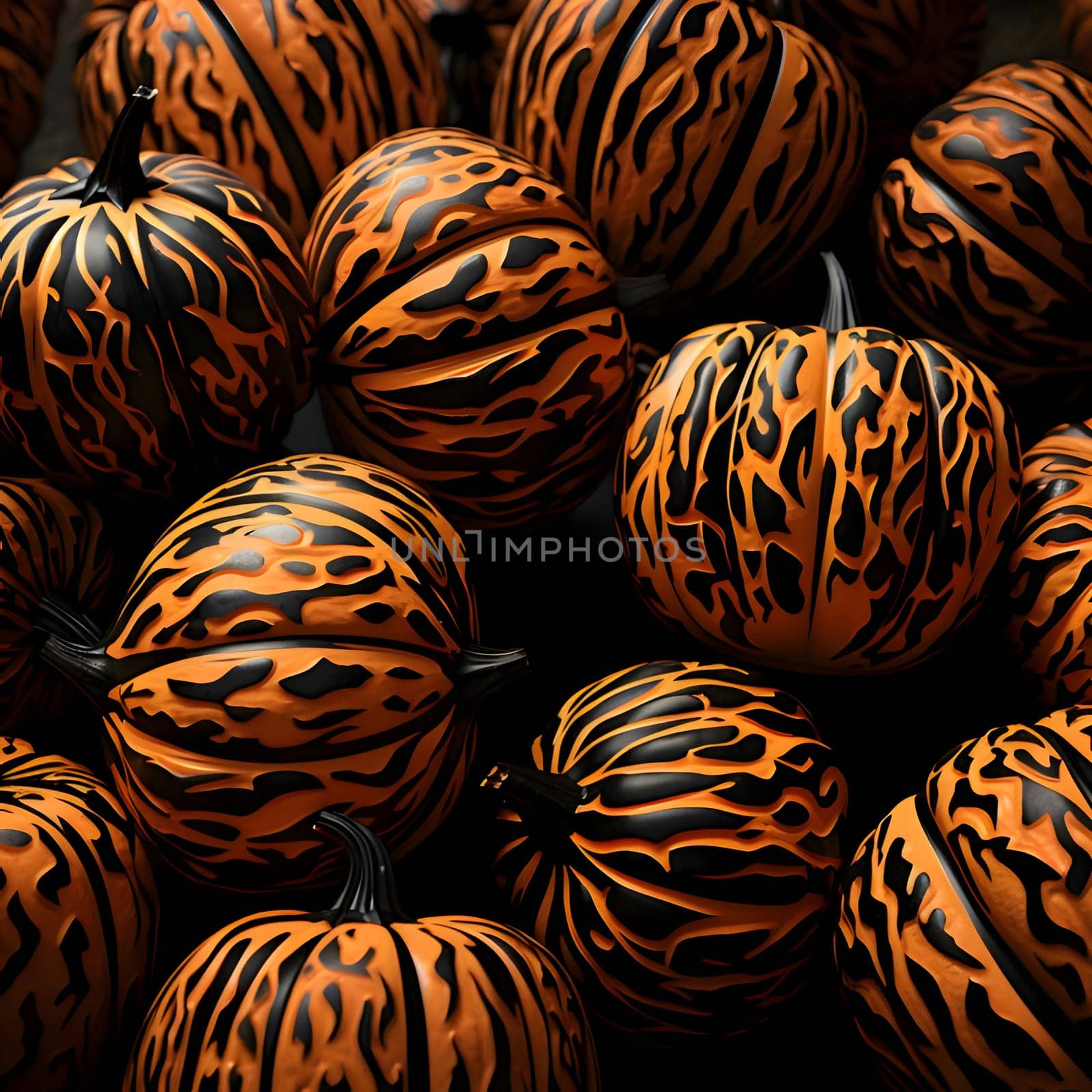 Patterns and banners backgrounds: Pumpkin pattern on black background. 3d illustration, 3d rendering.