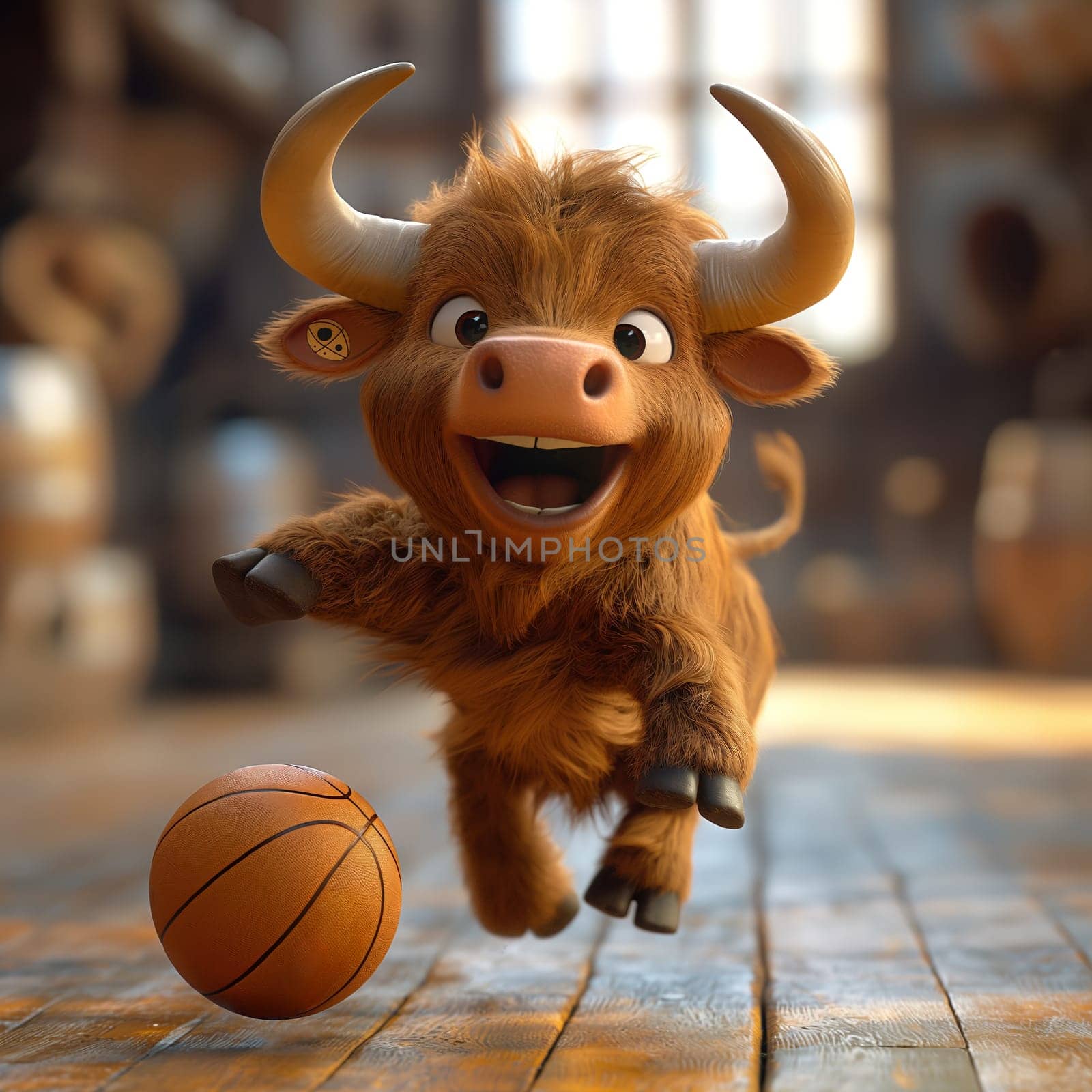 3D illustration of a bull playing basketball. Selective soft focus.