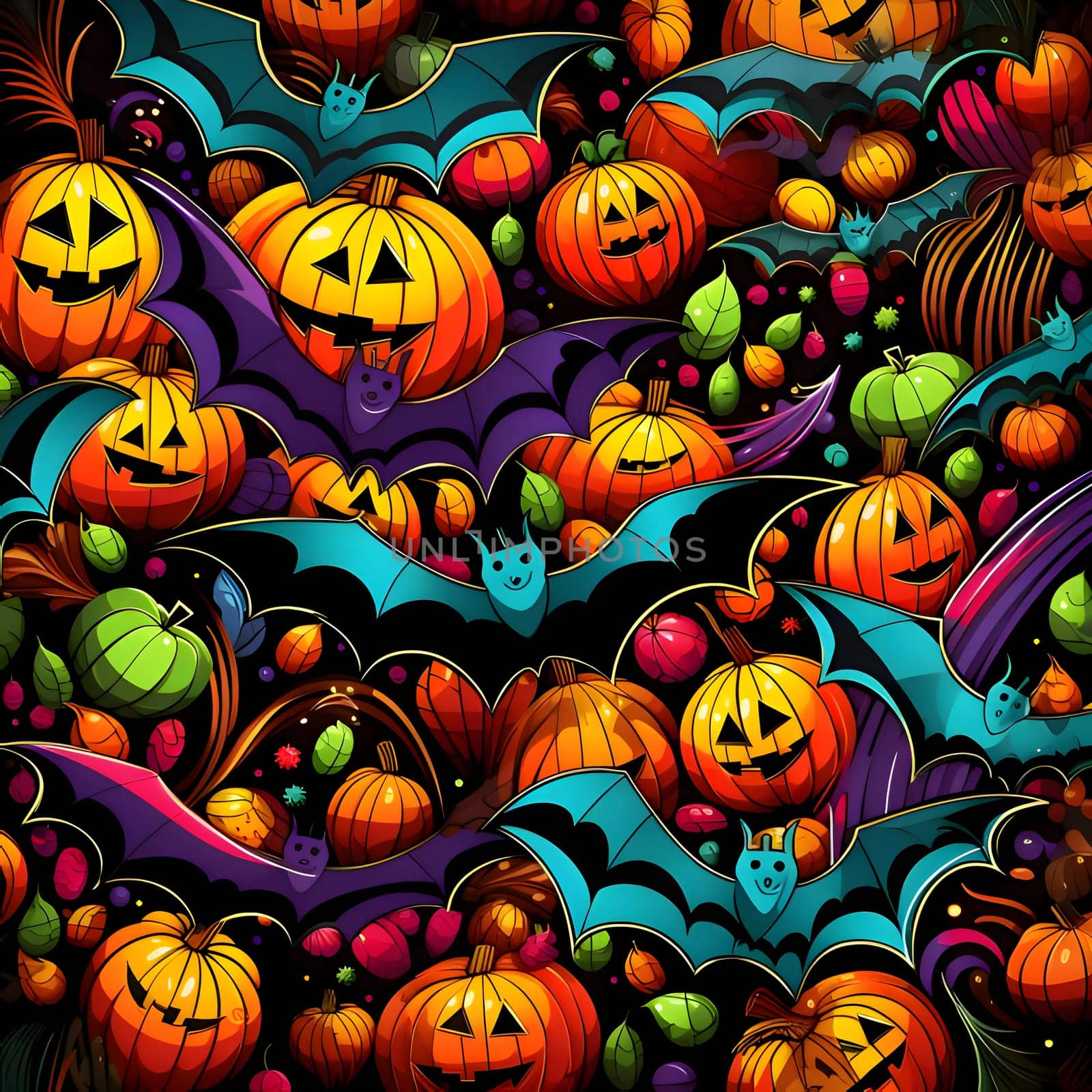 Halloween seamless pattern with pumpkins and bats. Vector illustration. by ThemesS