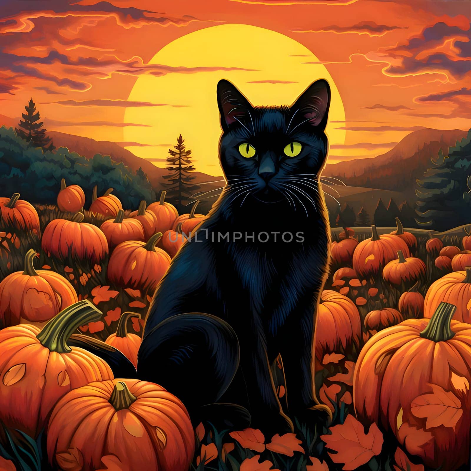 Patterns and banners backgrounds: Black cat sitting on a pumpkin field at sunset. Vector illustration.