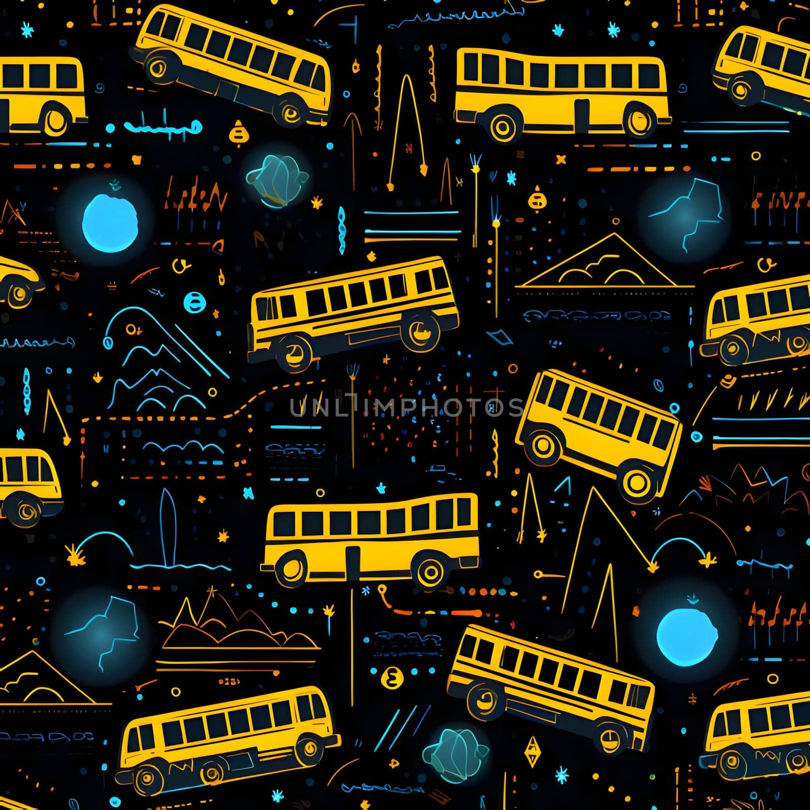 Seamless pattern with school bus, moon and other elements. by ThemesS