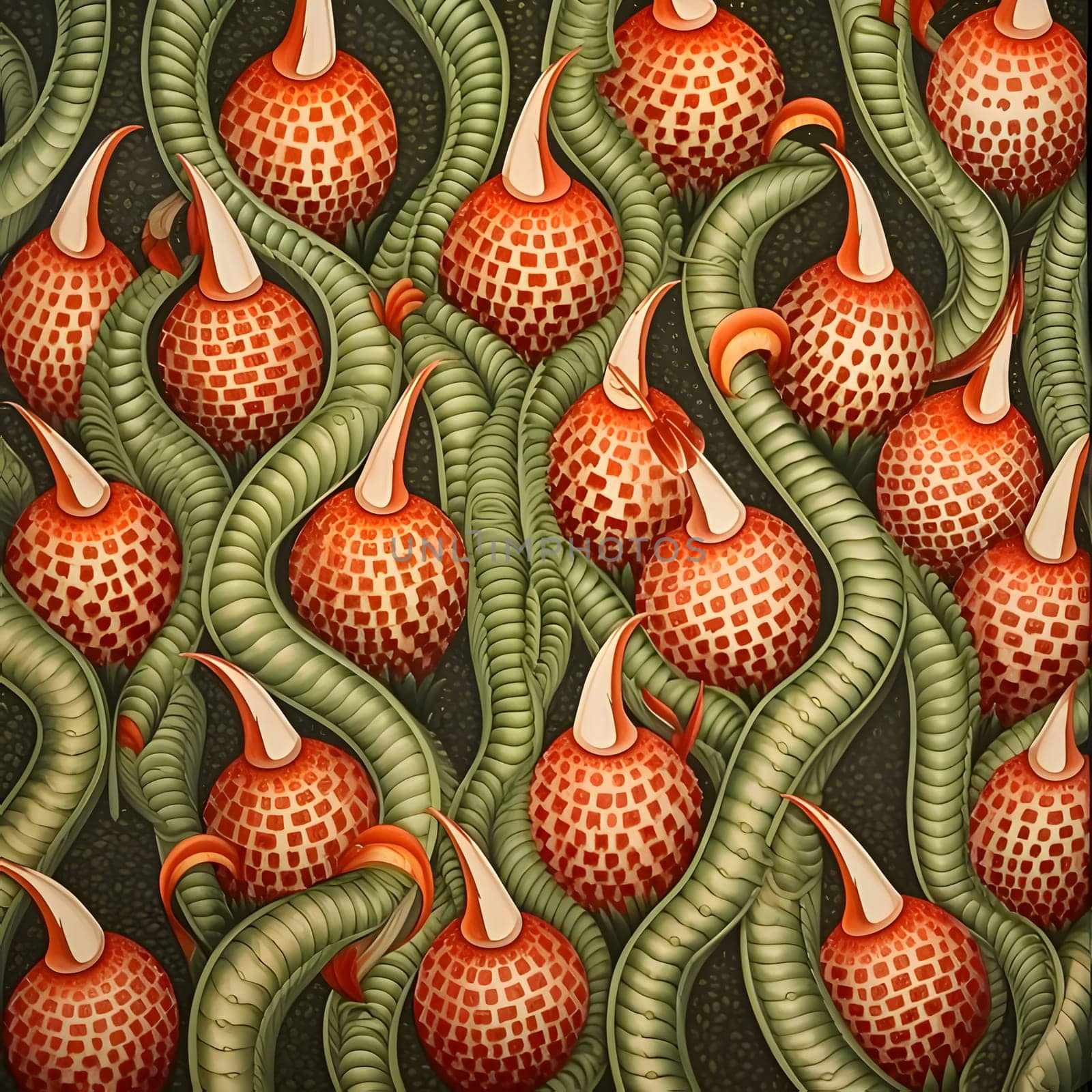 Seamless pattern of red ripe strawberries on a dark background. by ThemesS
