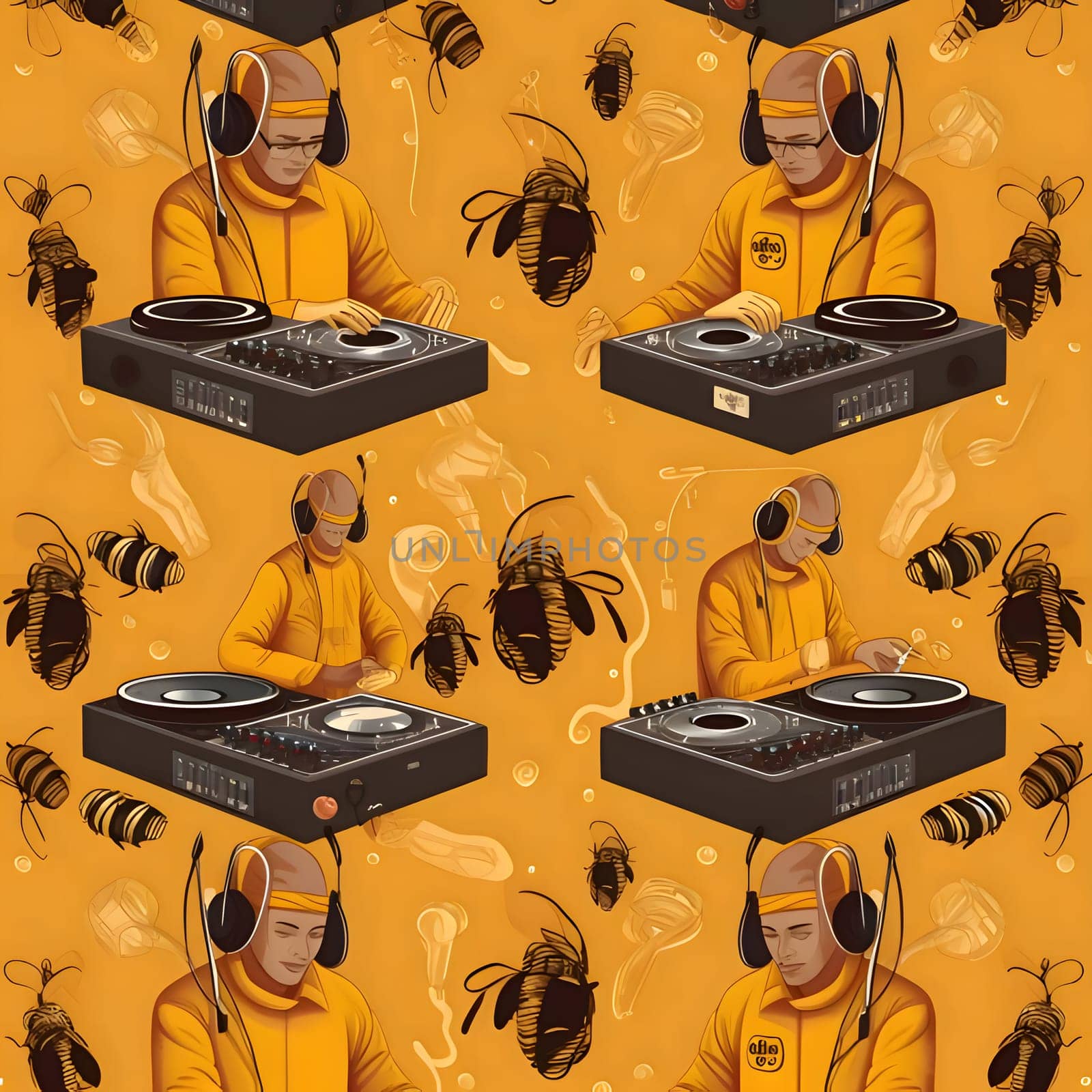 Patterns and banners backgrounds: Seamless pattern with DJ and bee. Vector illustration in cartoon style.