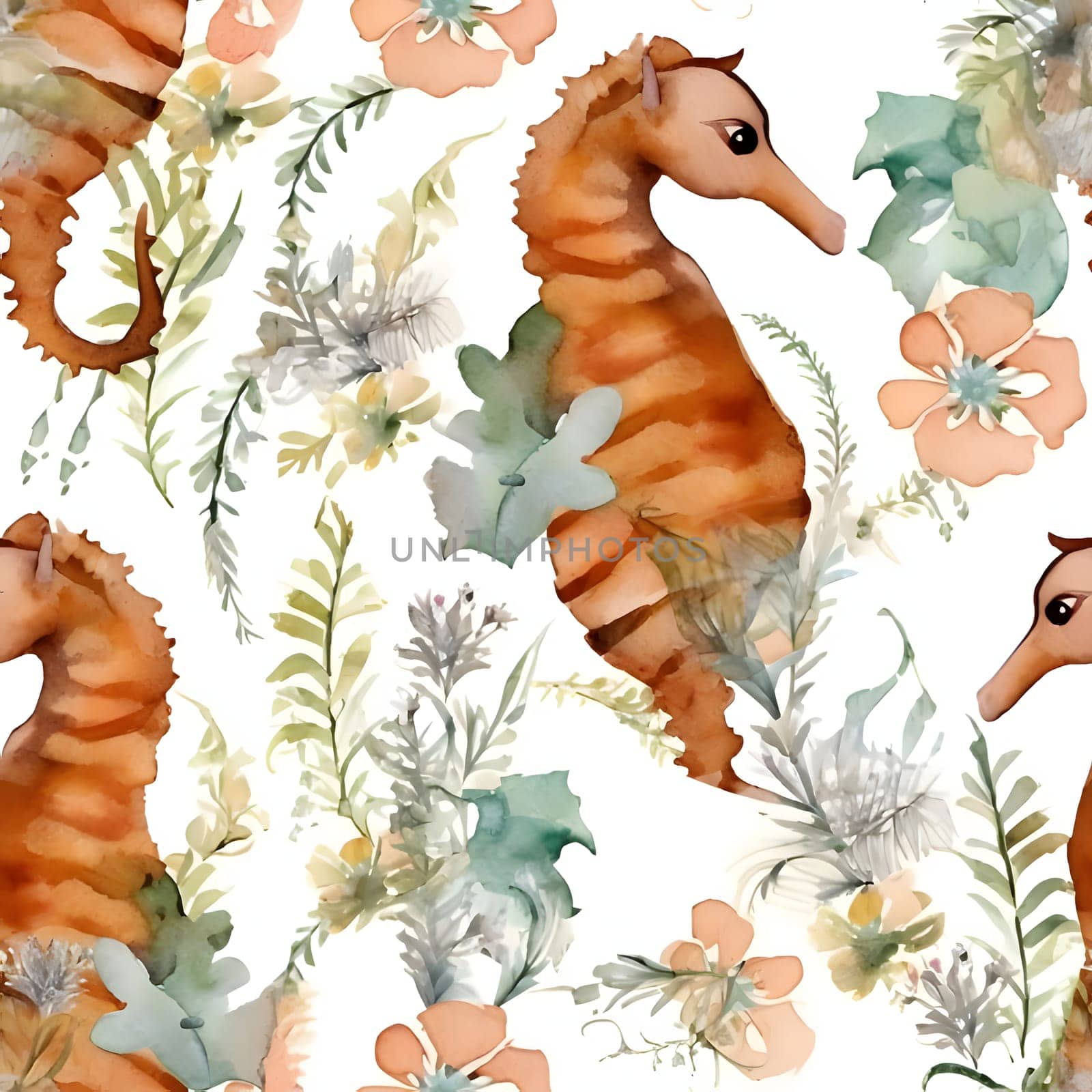 Seamless pattern with seahorses and flowers. Watercolor illustration by ThemesS