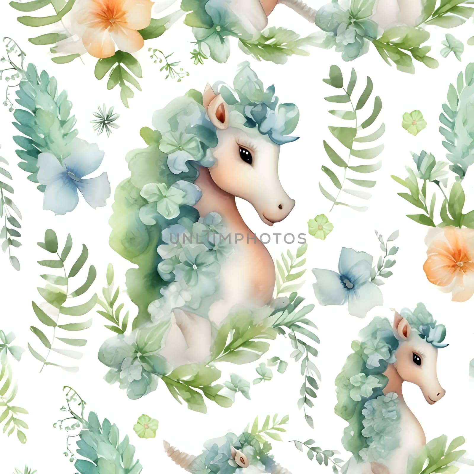 Watercolor unicorn with flowers and leaves. Seamless pattern. by ThemesS